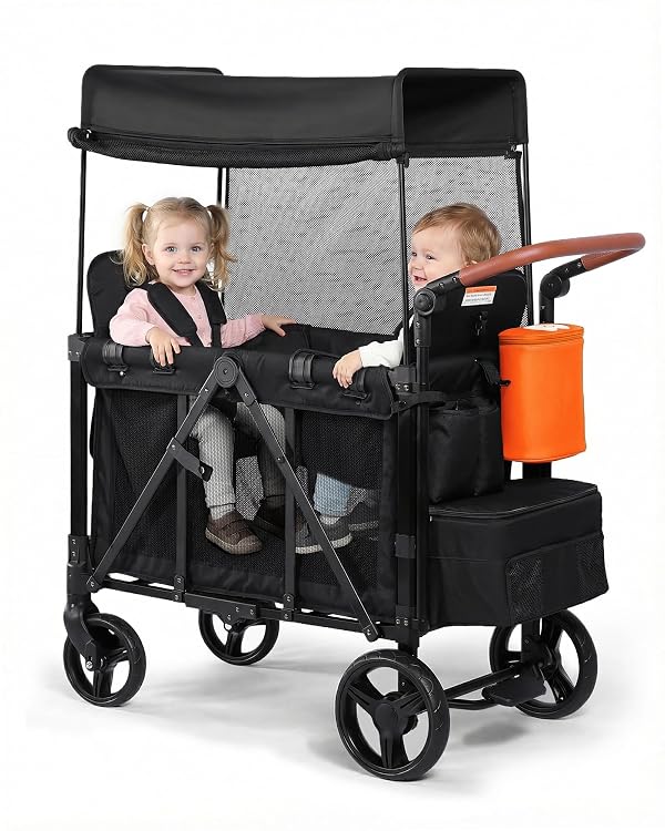 Wagon Stroller for 2 Kids with Insulated Snack Pack Foldable All-Terrain Wagon Stroller, 5-Point Harness & Canopy Parent Organizer Adjustable Handle,Black by MonGianda - Used condition - US$192.79