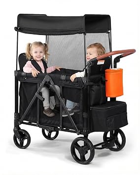 Stroller Wagon for 2 Kids, Foldable 2 Seater Wagon Stroller with Raised Seats, 5-Point Harnesses, Adjustable UPF 50+ Canopy, Front Zip Door, All-Terrain Wheels, Insulated Snack Bag, Black