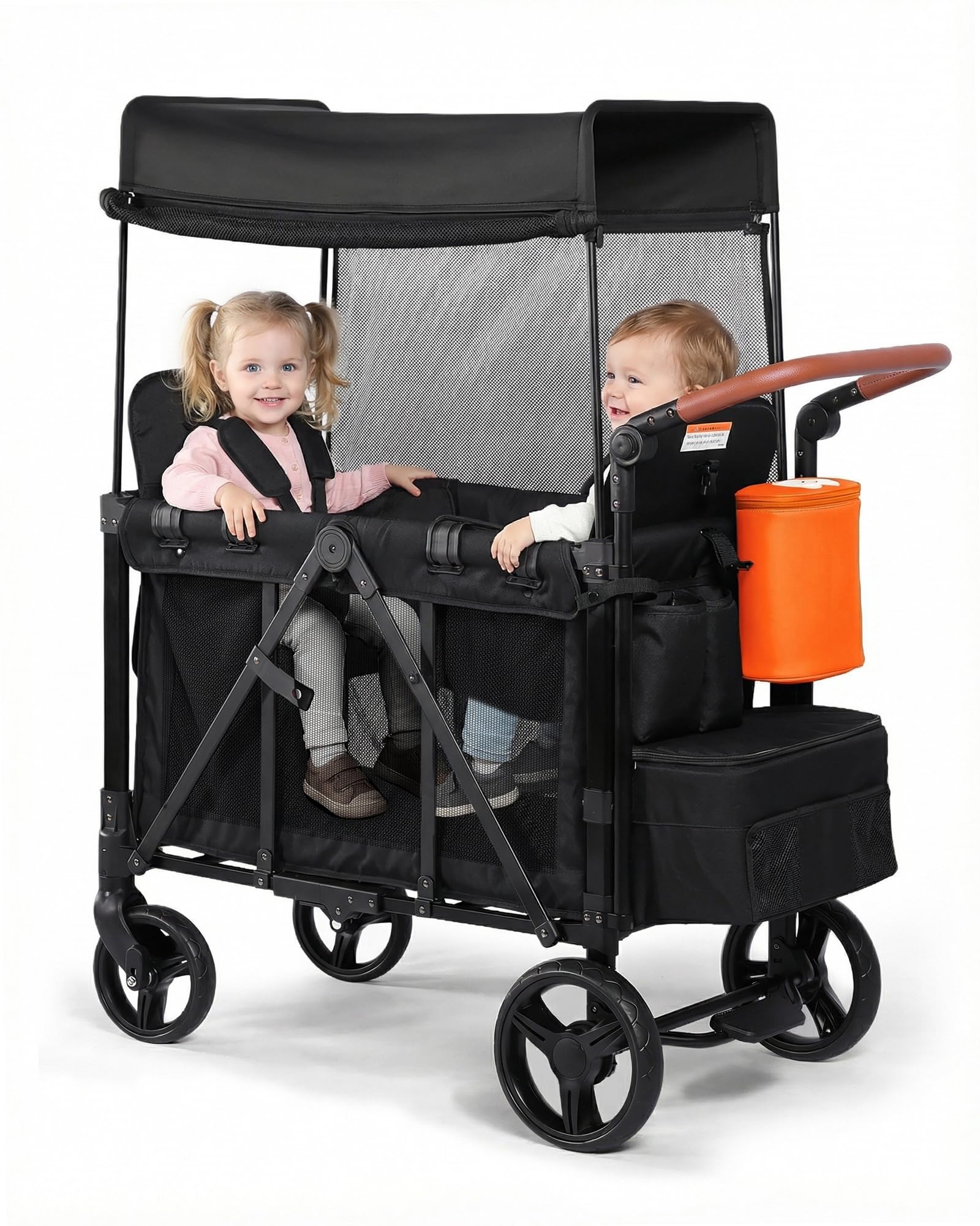 Wagon Stroller for 2 Kids with Insulated Snack Pack Foldable All-Terrain Wagon Stroller, 5-Point Harness & Canopy Parent Organizer Adjustable Handle,Black : Toys & Games