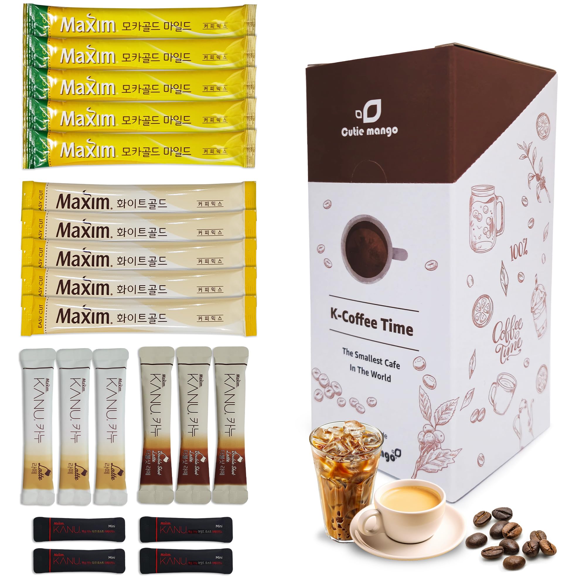 Maxim & KANU Premium Korean Instant Coffee Sampler White, Mocha Gold, Americano, Latte Café-Style Camping Party Easy-to-Mix Single Serve Packets Variety Pack 20 Sticks (6 Flavors)