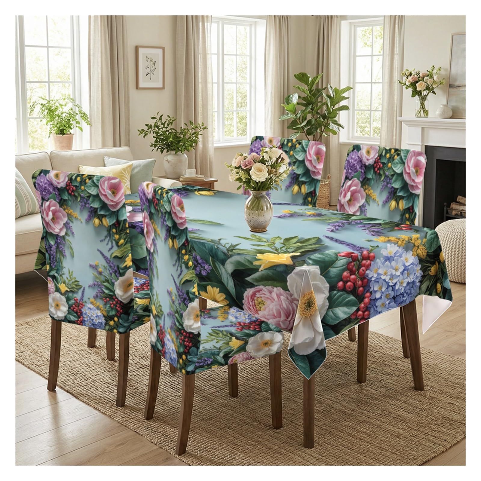 Rénovez votre salle à manger avec l'ensemble nappe et housses fleuri