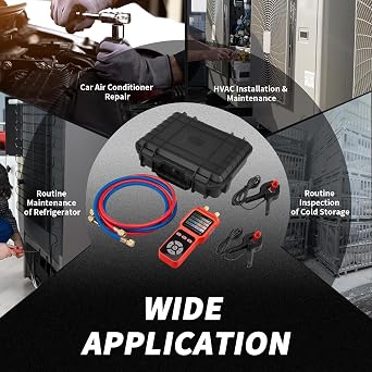 2-Port Digital Manifold Tester Gauge for HVAC Diagnostic Equipment | with 2 Thermometer Clamps and 2 Hoses for Air Conditioner Performance Testing