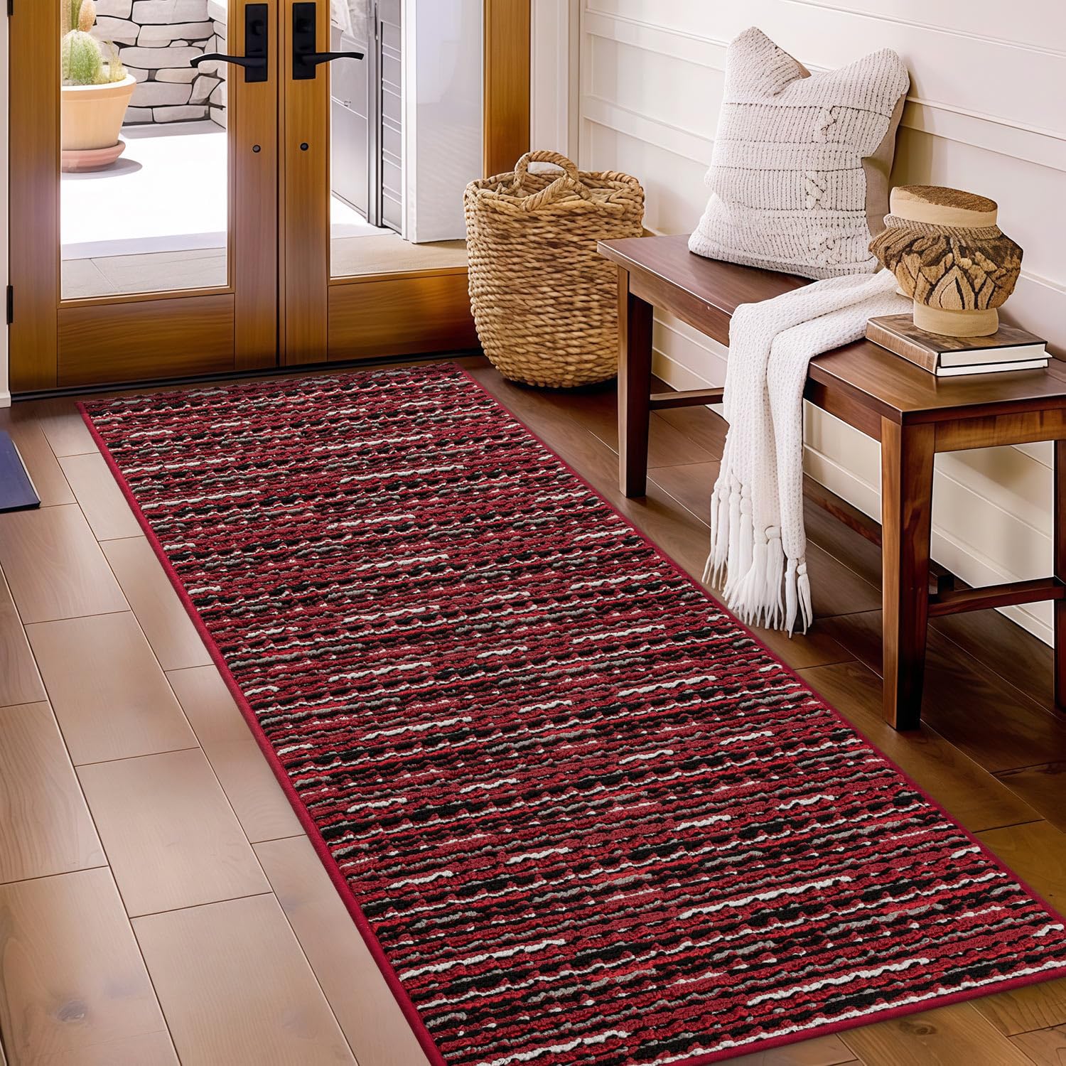 Hicorfe Runner Rug, 2x6ft Hallway Rug Runner, Machine Washable Runner Rugs, Non Slip Carpet Beside, Long Area Rug for Bedroom Entryway Kitchen Entrance Laundry Room - Red