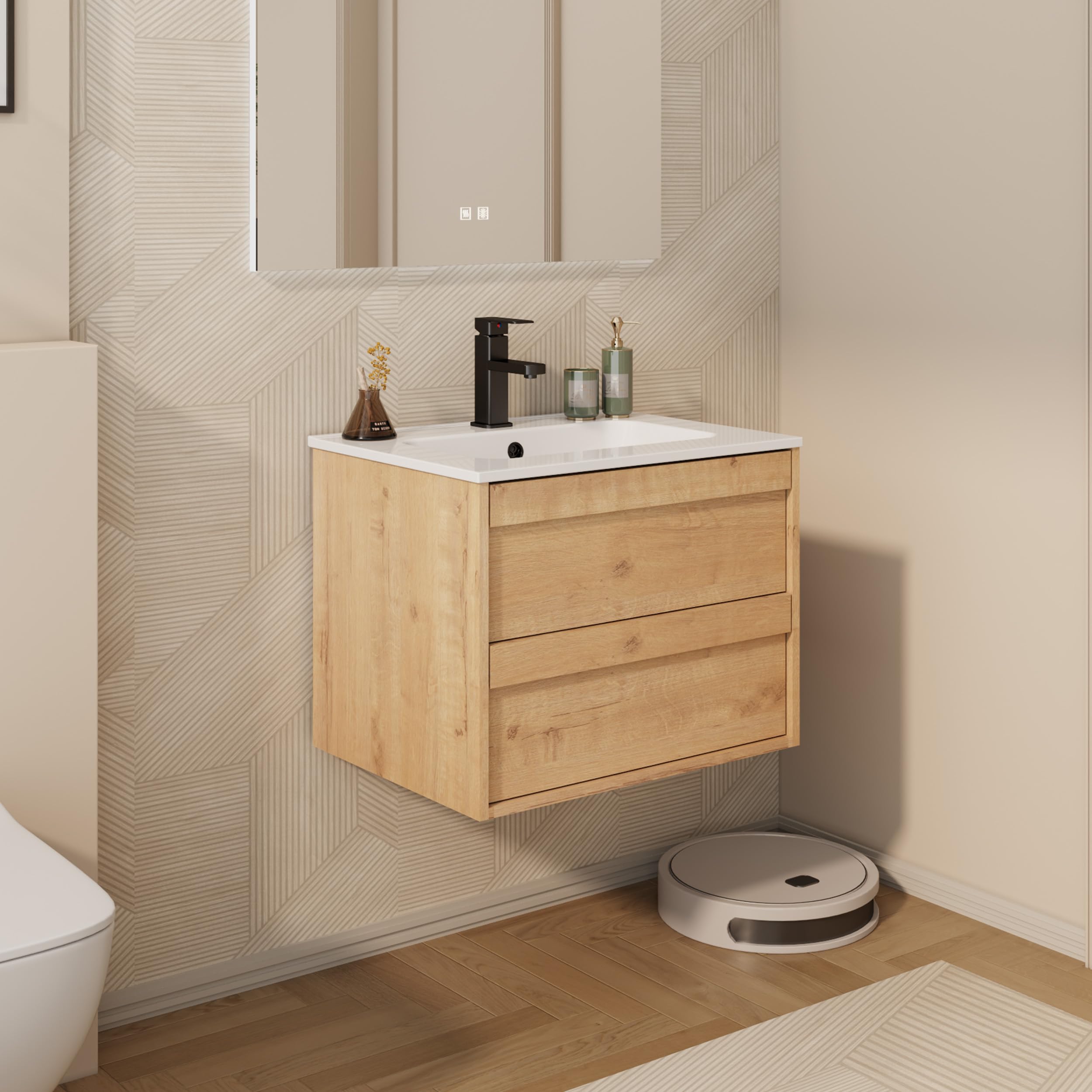 UEV Mobile Lavabo Sospeso da 60 cm, Mobile da Bagno con Lavabo in Ceramica, due Cassetti con Ampio Spazio per Riporre Oggetti, Cassetti con Sistema di Chiusura Ammortizzata, 60 x 45 x 46 cm, Naturale