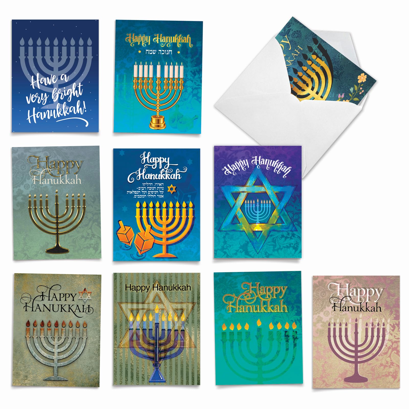 The Best Card Company - 10 Assorted Chanukah Notecards Bulk Box Set 4 x 5.12 Inch with Envelopes (10 Designs, 1 Each) Jewish Holiday Cards Hanukkah