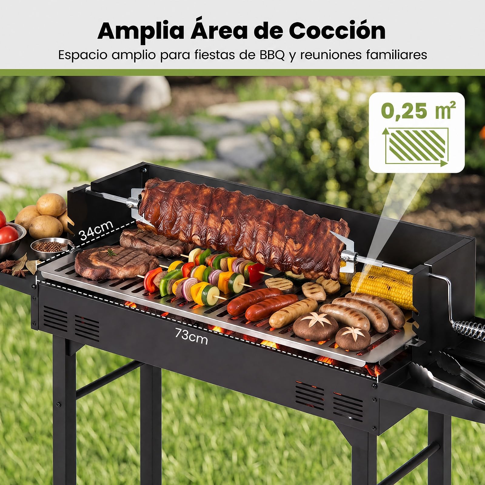 COSTWAY Barbacoa de Carbón, Rejilla de Altura Regulable, 120 x 32,5 x 90 cm | 2 Mesas Laterales, Espeto Giratorio, Protector Antiviento, Parrilla Barbacoa Rectangular para Camping, Picinic BBQ
