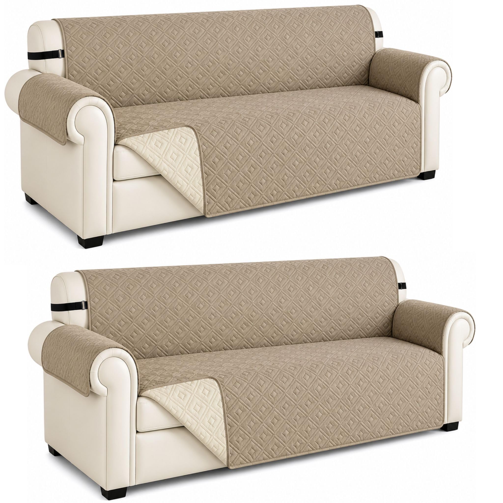 AMEHA Sofa Cover 3 Seater Water Resistant Sofa Slipcovers 2 Pack – Non Slip Reversible Sofa Protectors from Pets & Kids with Adjustable Elastic Straps Embossed Quilted Couch Covers, Beige Cream