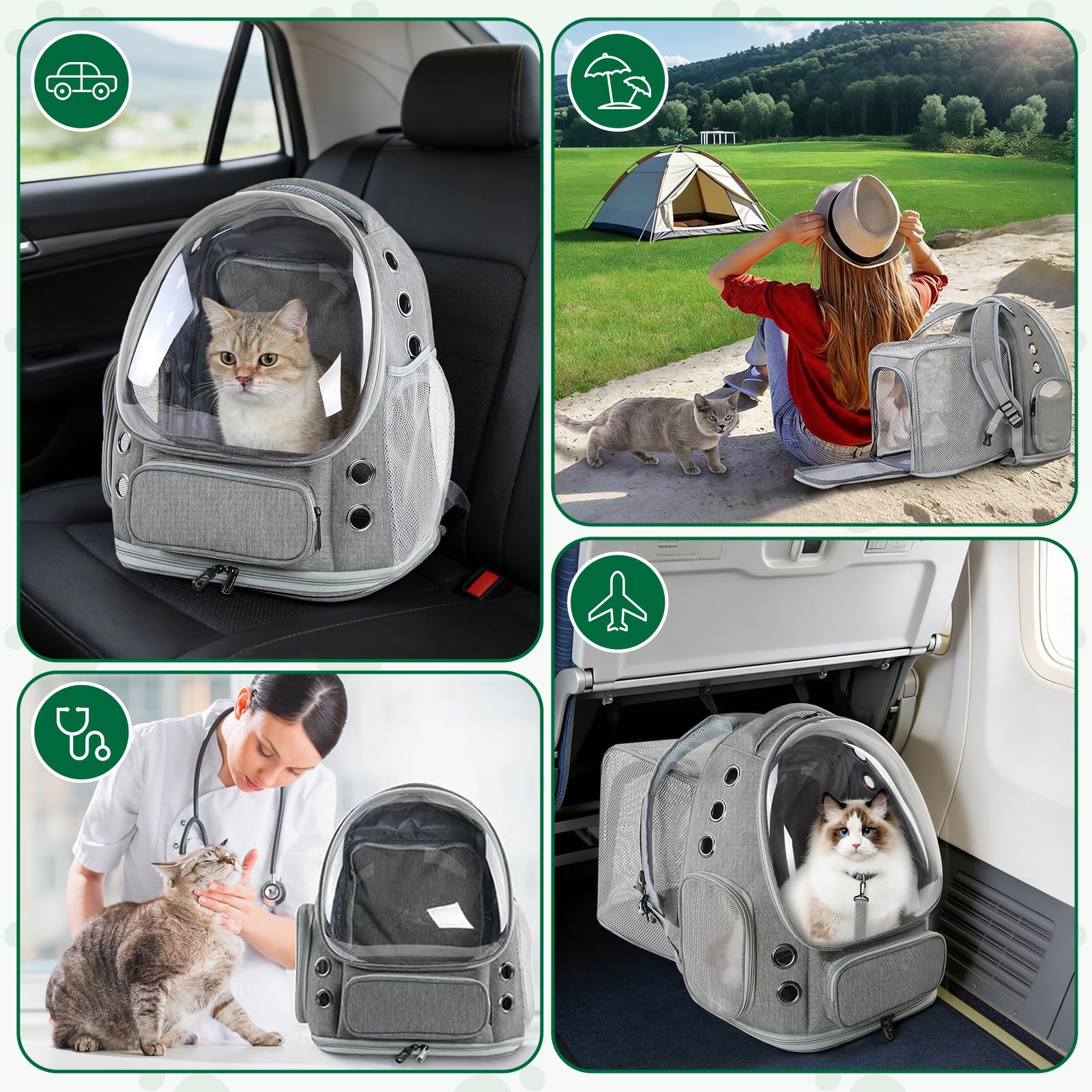 Zaino espandibile per gatti con finestra, adatto per gatti da 3 a 5 kg, con guinzaglio di sicurezza interno e tappetino per animali domestici, per auto, escursioni, grigio, 42 x 32 x 24-57 cm