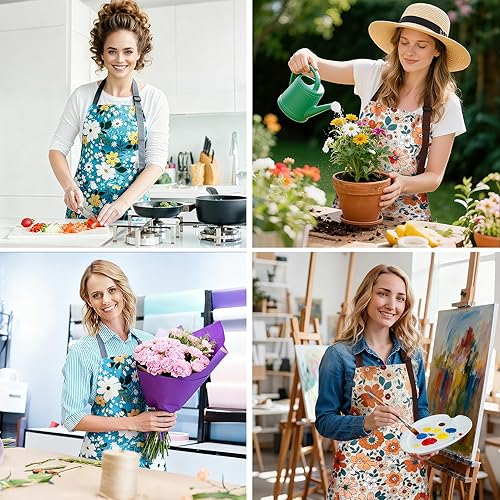 Miniatura 5 de Delantal floral para mujer, paquete de 2 delantales para mujer con bolsillos, delantales de cocina impermeables para cocinar, hornear