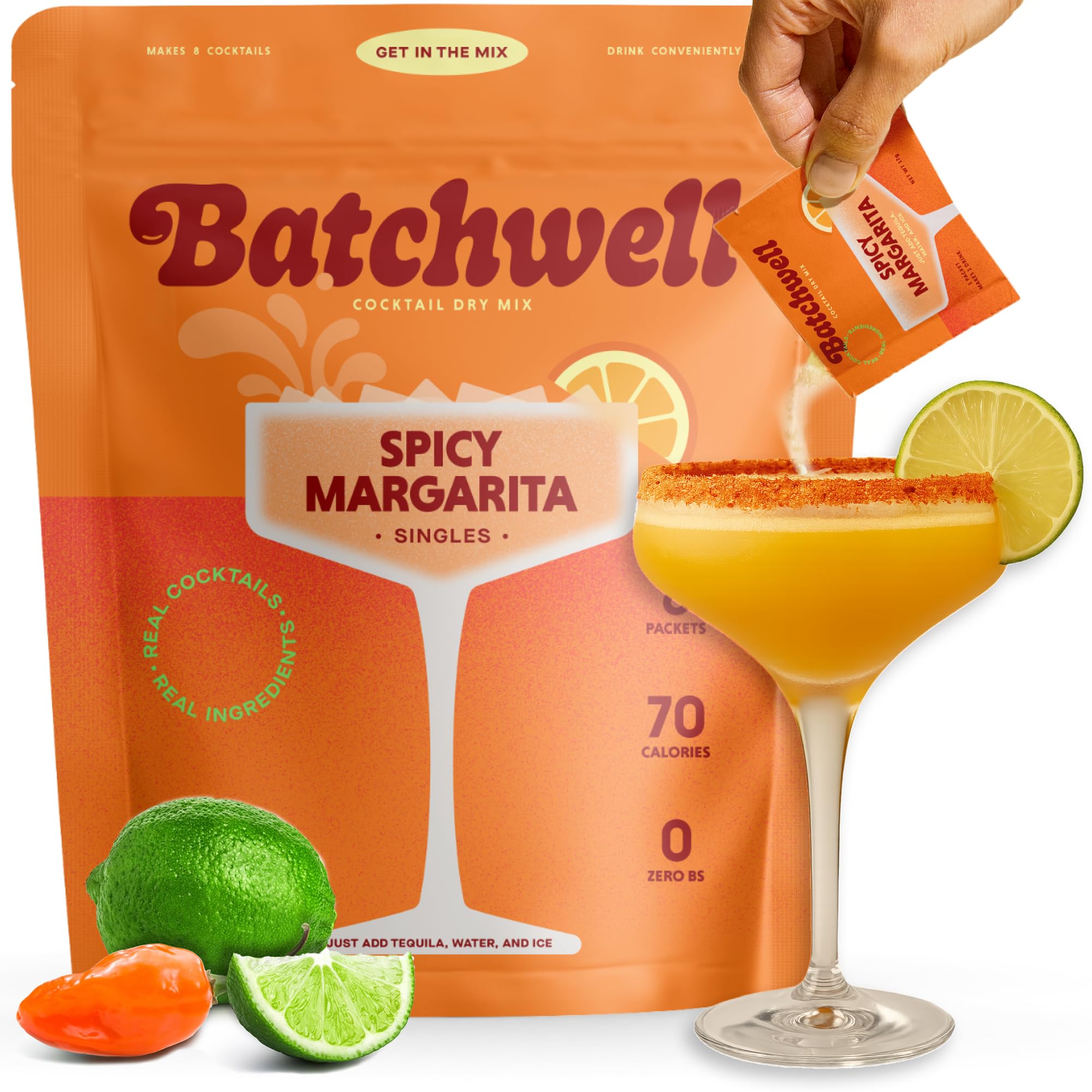 Batchwell's Spicy Margarita Mix Singles: Skinny Cocktail Mixers, Mocktails Non-Alcoholic Drinks - Portable Cocktail Mix and Drink Mixers, Mocktail Mixers, No Stevia, No Artificial Sweeteners