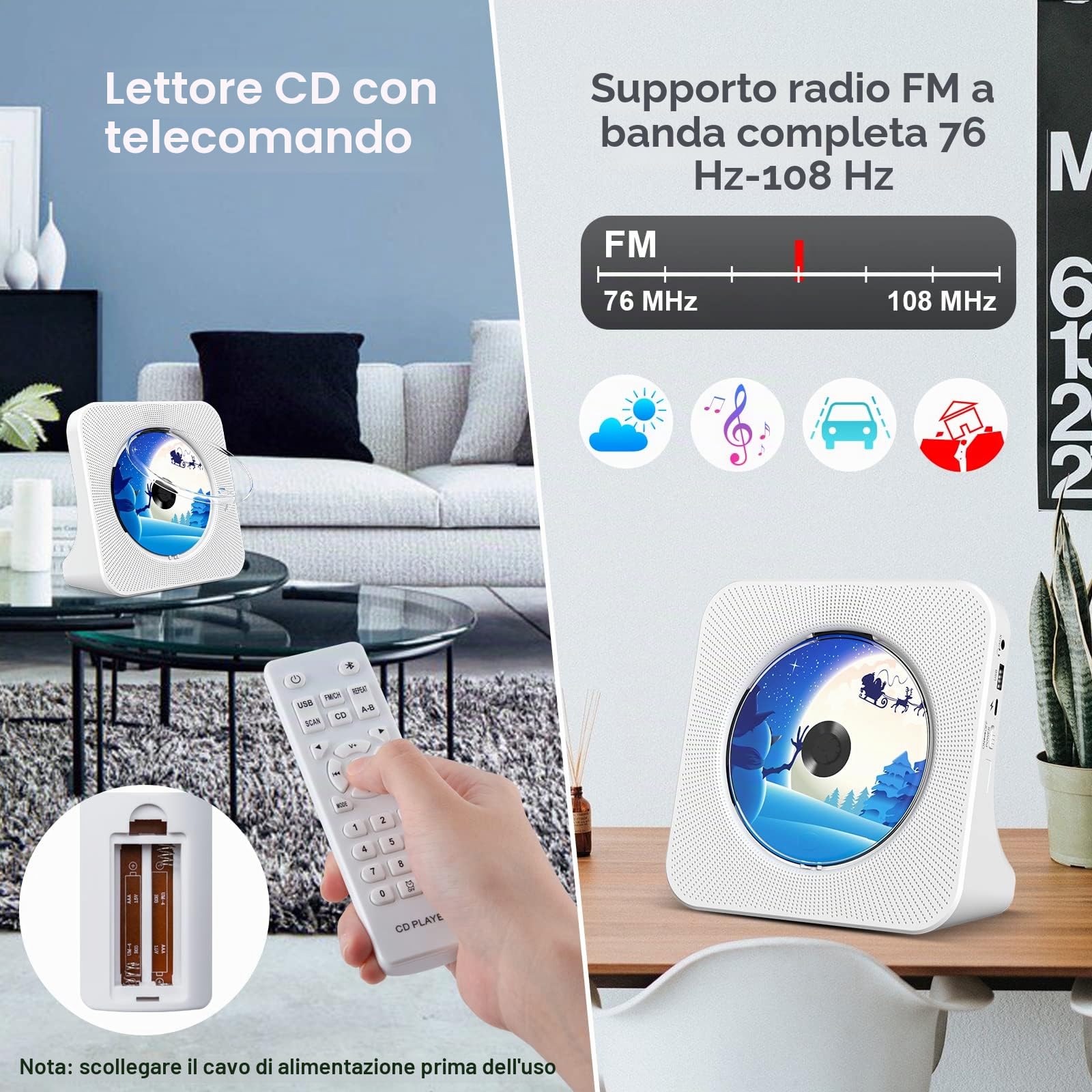 Lettore CD da tavolo con altoparlanti e Bluetooth 5.0 Bianco | Lettori CD con Telecomando Copertura antipolvere Display Radio FM Timer Riproduzione per USB e AUX