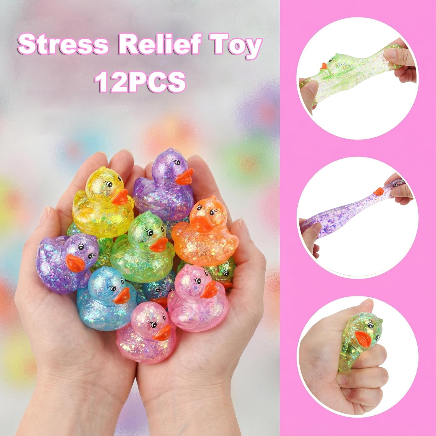12 Pcs Gliter Mini Duck Squishy, Cute Colorful Slow Rise Fidget Stress Balls for Adult Sensory Ducks for Gifts Office Stocking Stuffer ADHD Autism Anxiety Relief