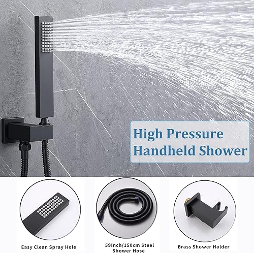Miniatura 6 de Sistema de ducha negro mate de 12 pulgadas, juego completo de grifo de ducha montado en la pared, sistema de ducha de cuerpo completo con chorros