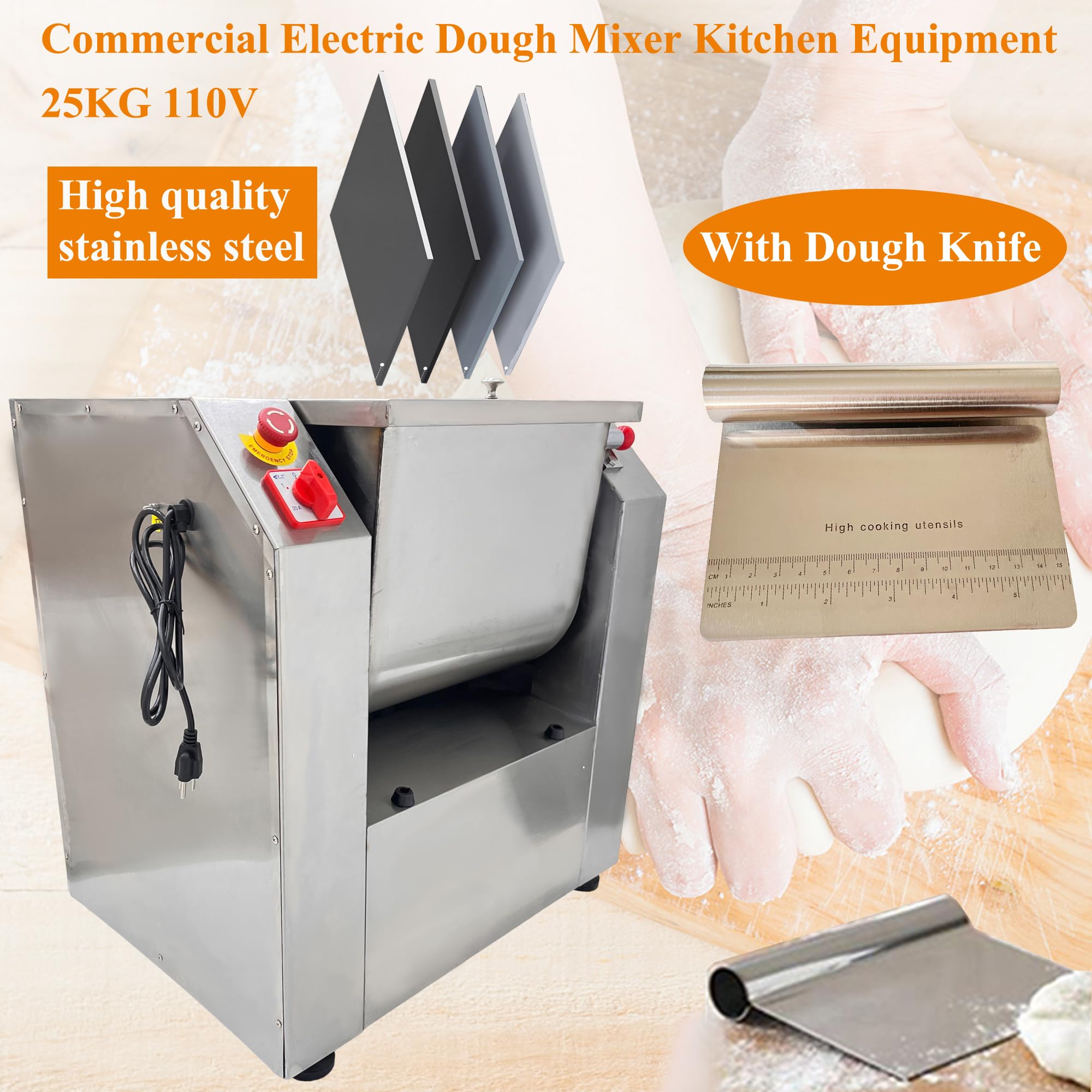 HQHAOTWU Dough Mixer Electric Food Mixer Commercial Dough Blender Machine Stainless Steel Dough Mixing Machine With Kneading Capacity of 55lbs Flour Mixing Machine 110V with Dough Knife