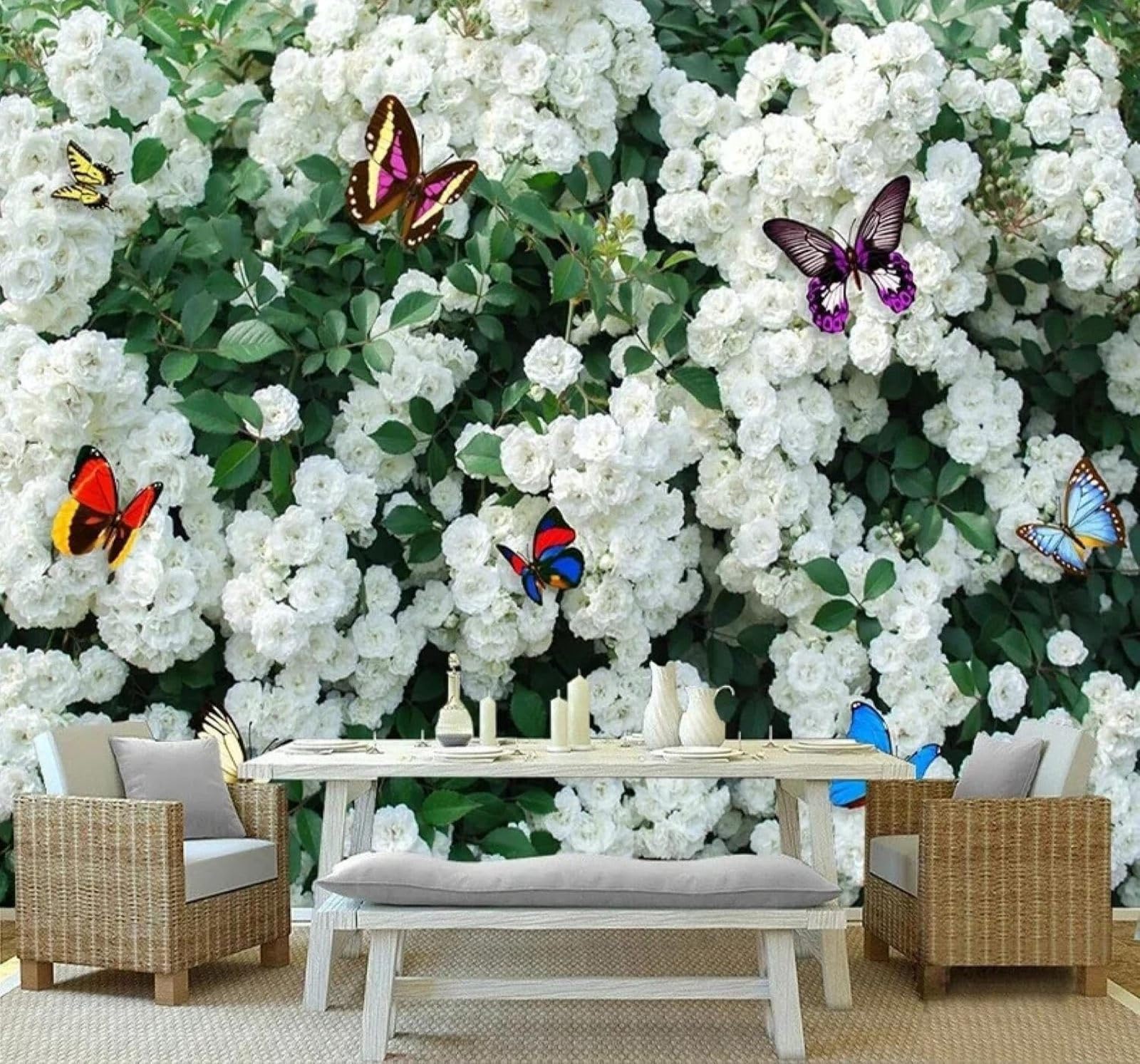 XLMING Green Leaves White Flowers Butterflies Pastoral Scenery 3D Wallpaper Premium Textured Silk Study Dining Living Room Bedroom Sofa TV Wall Easy Install-200cm×140cm