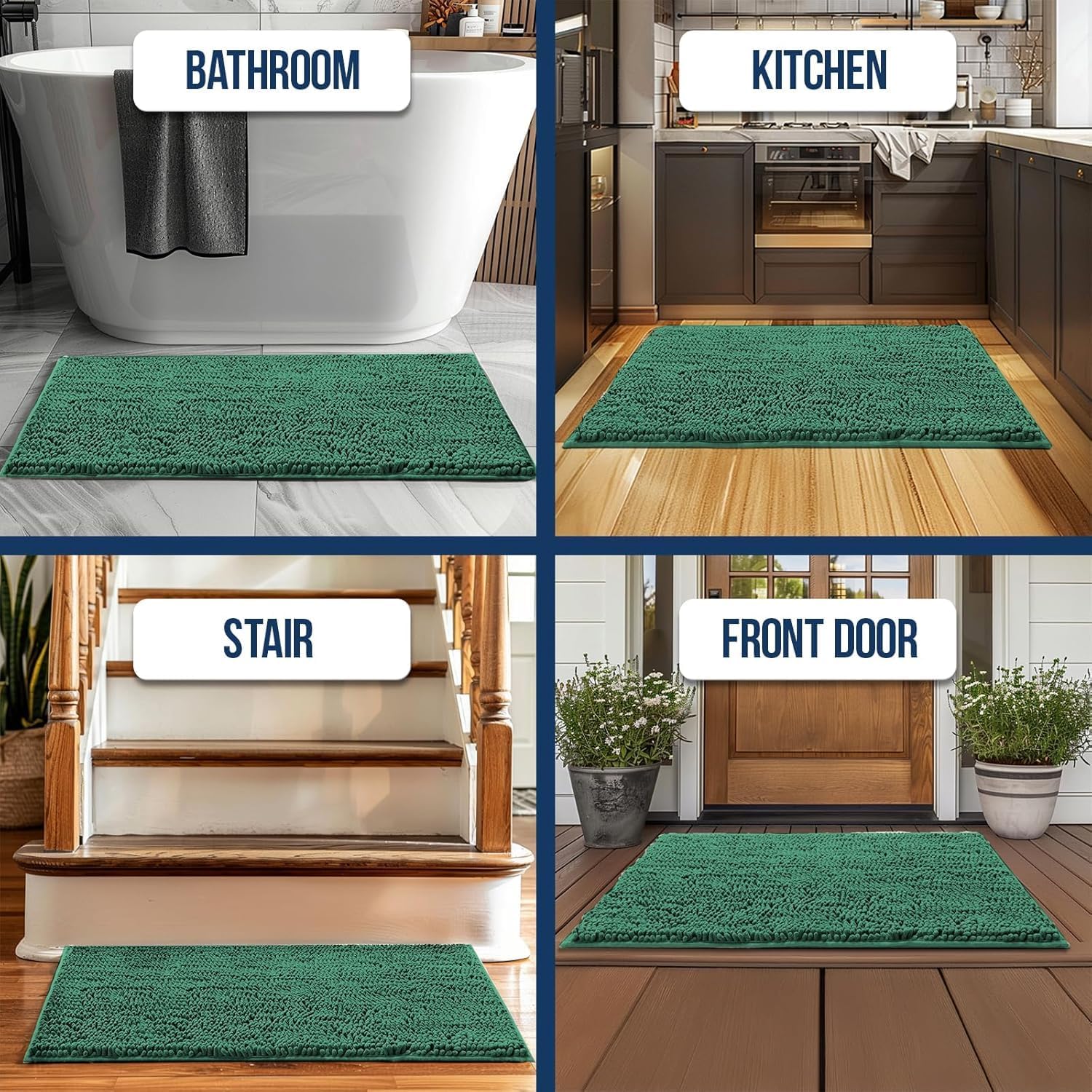 Muddy Mat® | Chenille Bathroom Rugs Quick Dry Microfiber Mats Non Slip Washable, Extra Thick, Soft and Highly Absorbent Bath Mats for Bathroom, Kitchen, and Shower Floor - Dark Green 36"x60"
