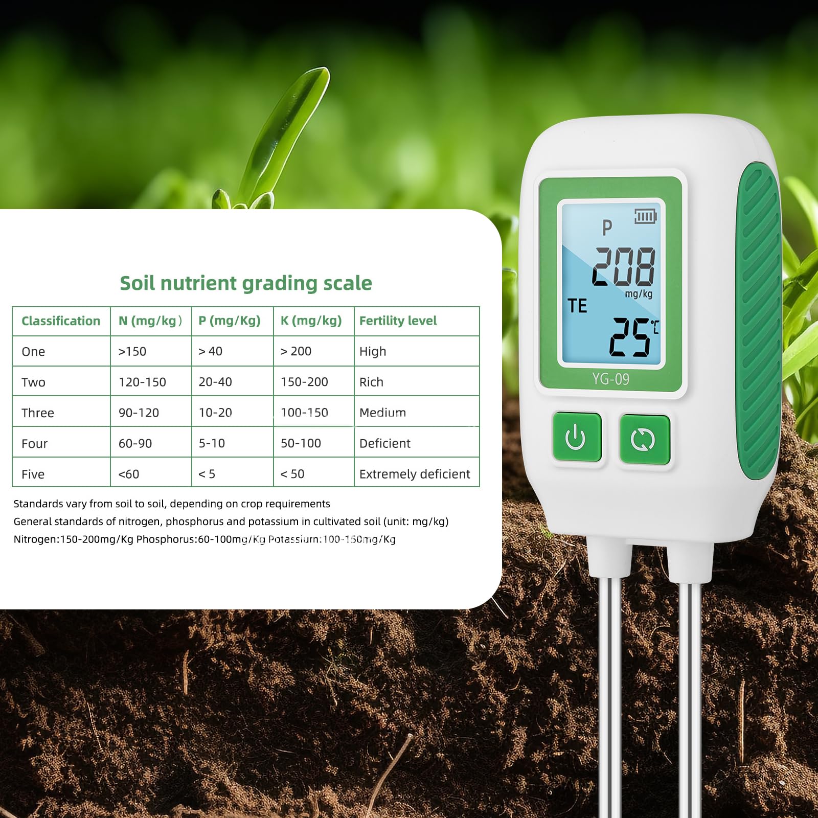 Misuratore di Suolo 4 in 1 per NPK e Temperatura, Sonda da 268mm Tester Digitale di Fertilità per Giardinaggio Domestico Piante e Orto
