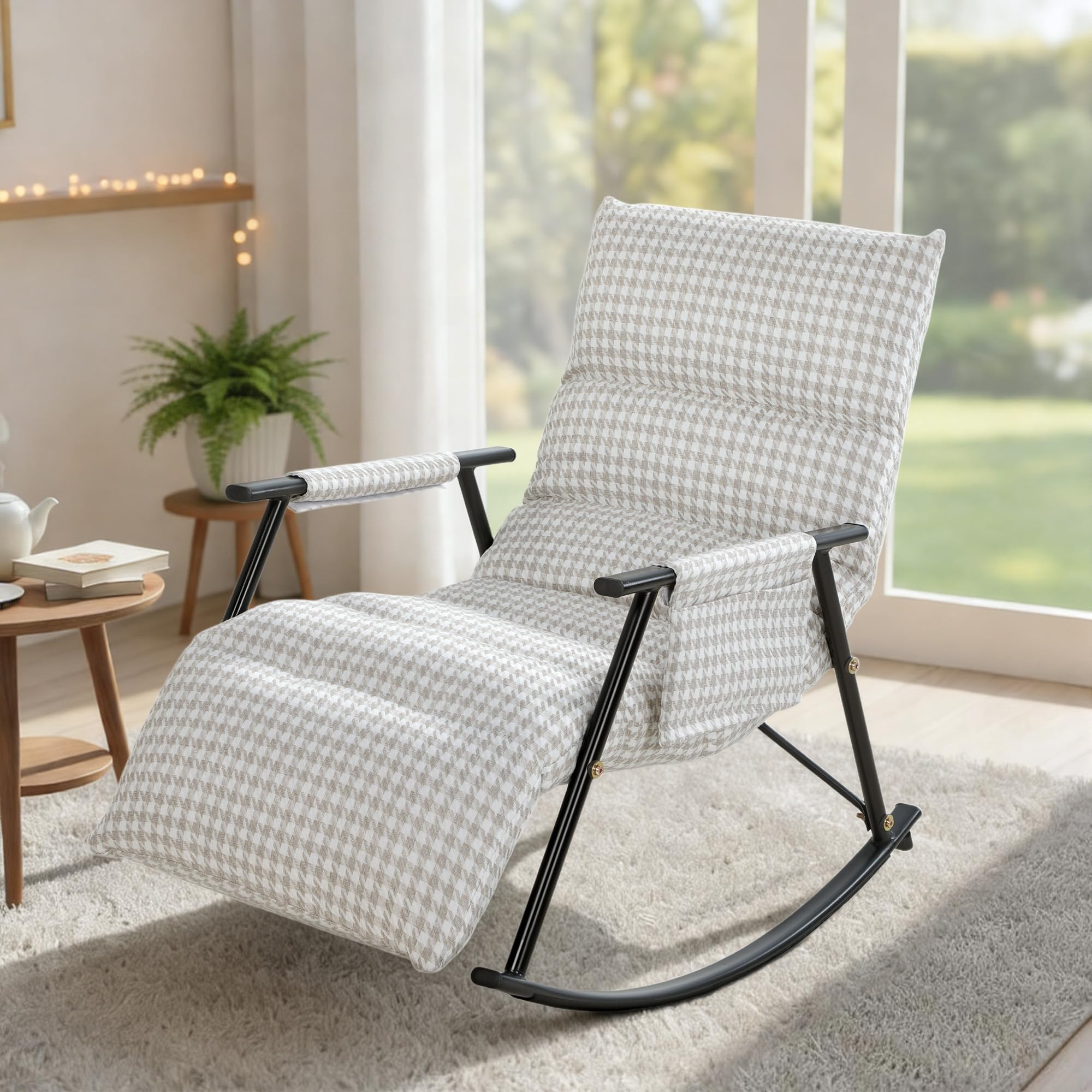 HOMCOM Silla Mecedora con Respaldo y Reposapiés Ajustables, Mecedora Sillón Balancín 105°, Tapizada en Lino, con Bolsillo Lateral y Marco de Metal, Carga 120 kg, para Dormitorio, Salón, Gris y Blanco