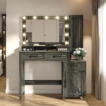 Makeup Vanity, Farmhouse Vanity with Square Mirror & Tricolor Lighting Adjustment, 43 Fashion Makeup Desk with Two Spacious Drawers, Side Storage Cabinet & Built-in Charging Station, Brown