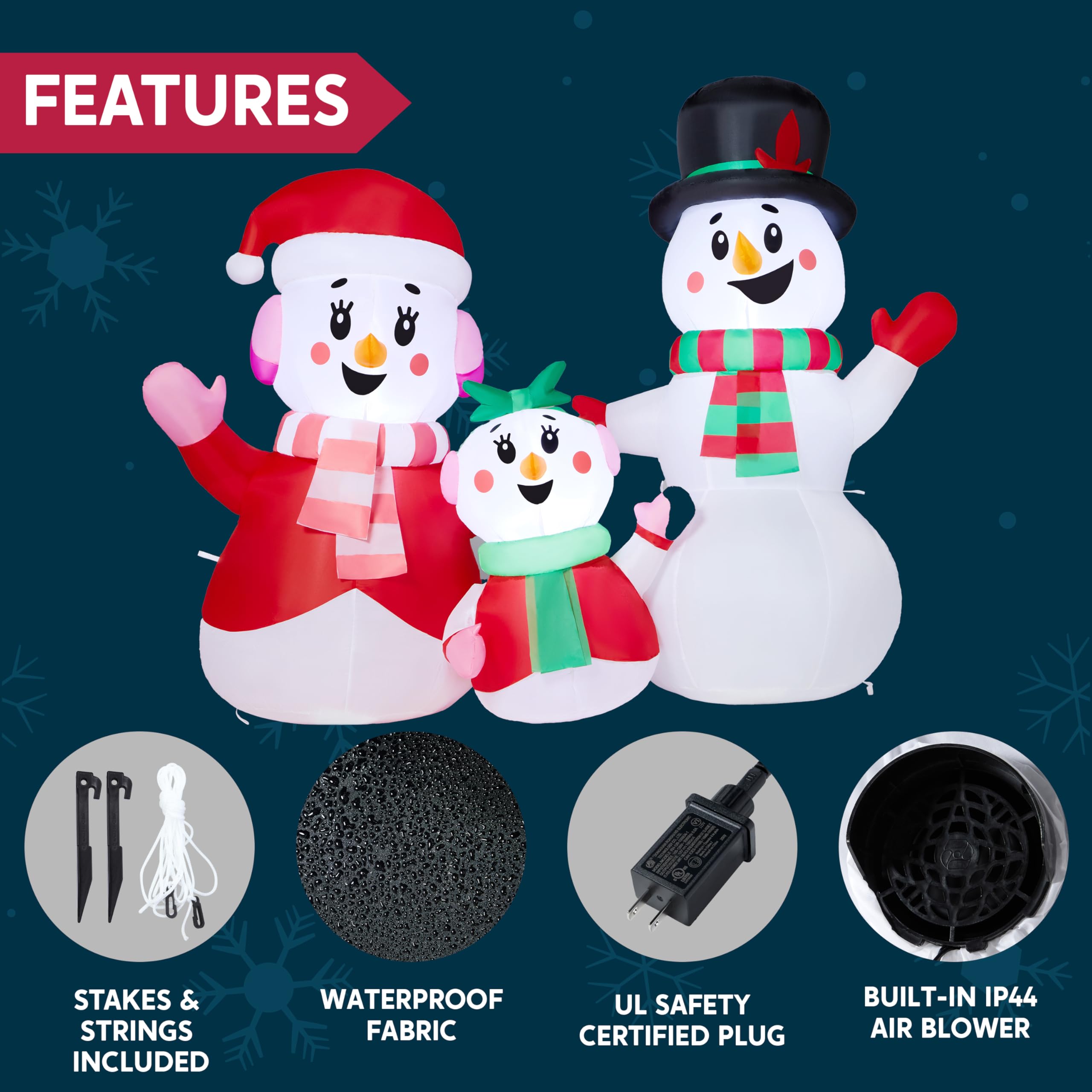 JOYIN Bonhomme de neige gonflable de 1,2 m - Décorations d'extérieur - Famille de bonhomme de neige gonflable avec LED intégrées - Décoration de Noël pour fête de Noël, cour, jardin, pelouse