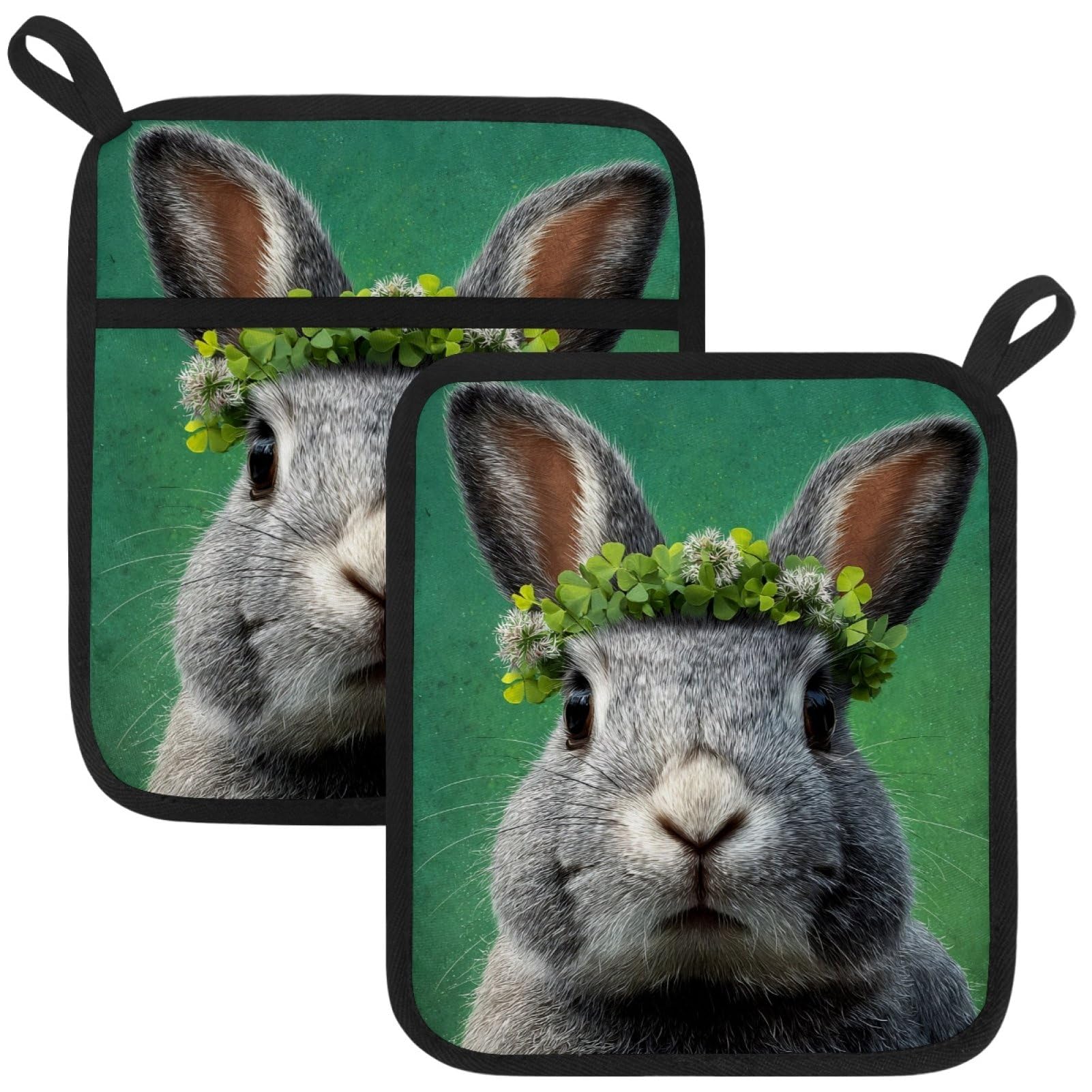 VAPOKF St. Patrick's Day Rabbit Heat Resistant Pot Holders, Thick Pot Holders Pad with Hanging Loop for Kitchen, Oven Cloth Pads for Kitchen Baking Microwave Oven