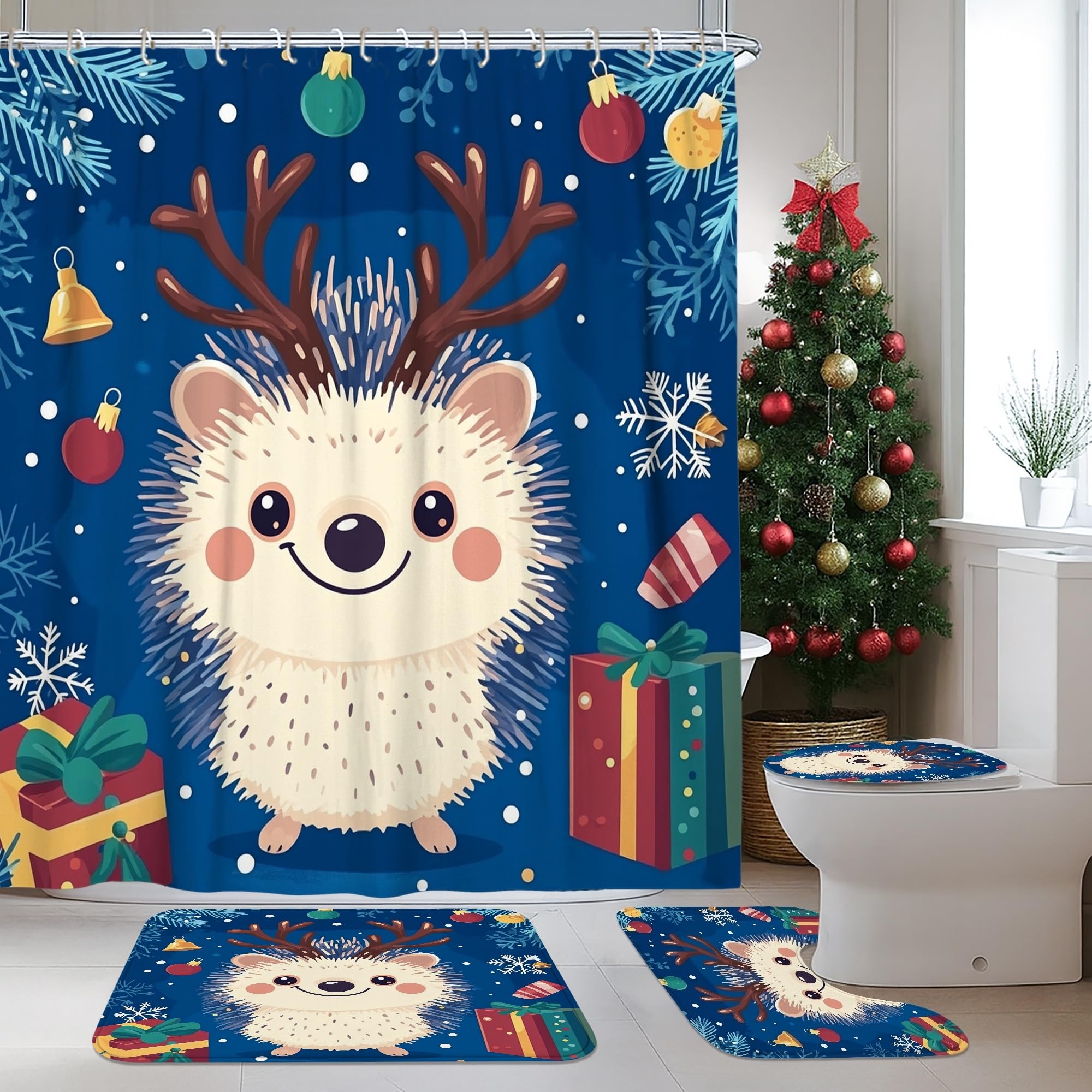 Juego de 4 accesorios de baño de erizo de Navidad con alfombra antideslizante, en forma de U y cubierta de tapa de inodoro, lindo y divertido para niños, decoración de baño de animales de Navidad, 72