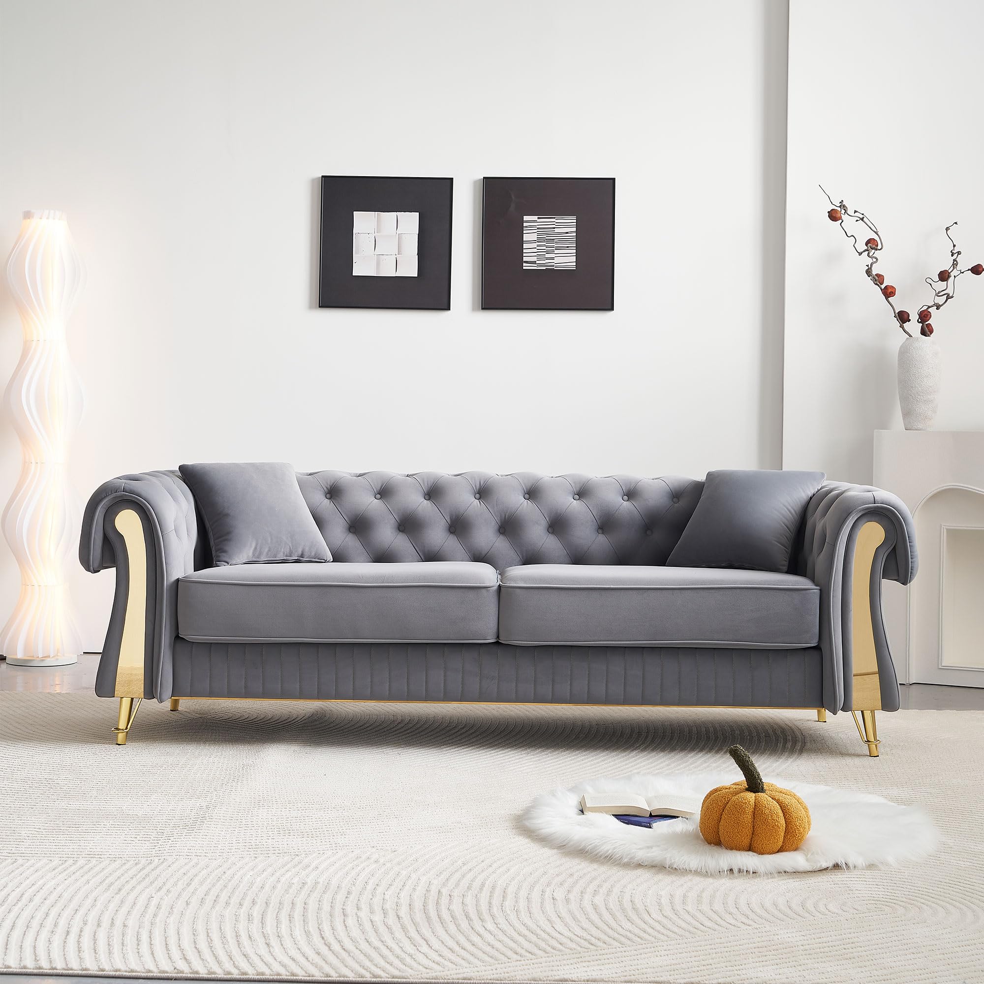 KEIKI 89" Chesterfield Velvet Button Tufted Sofa with High Density Foam Cushions and 2 Toss Pillows, Modern Style 3-Seater Couch with 4 Gold Metal Leg, Easy Assembly, for Living Room, Apartment, Grey