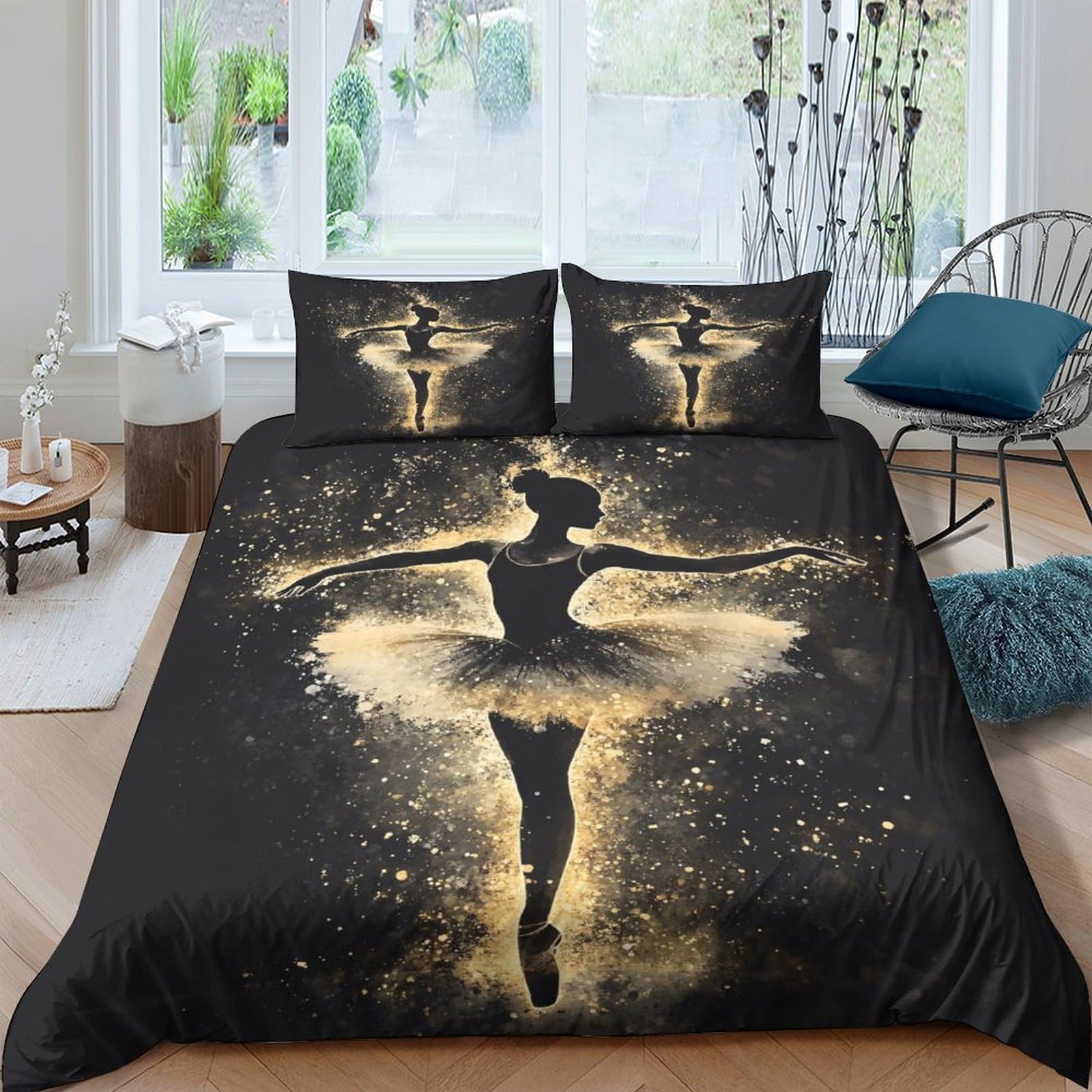 Ctjqhvkz Style-2 3D Printed Golden Ballet Dancer Fitted Sheet Microfiber Anti-Slip Black Silhouette Bed Cover For Bedroom Dorm Decor Single（135X200cm）
