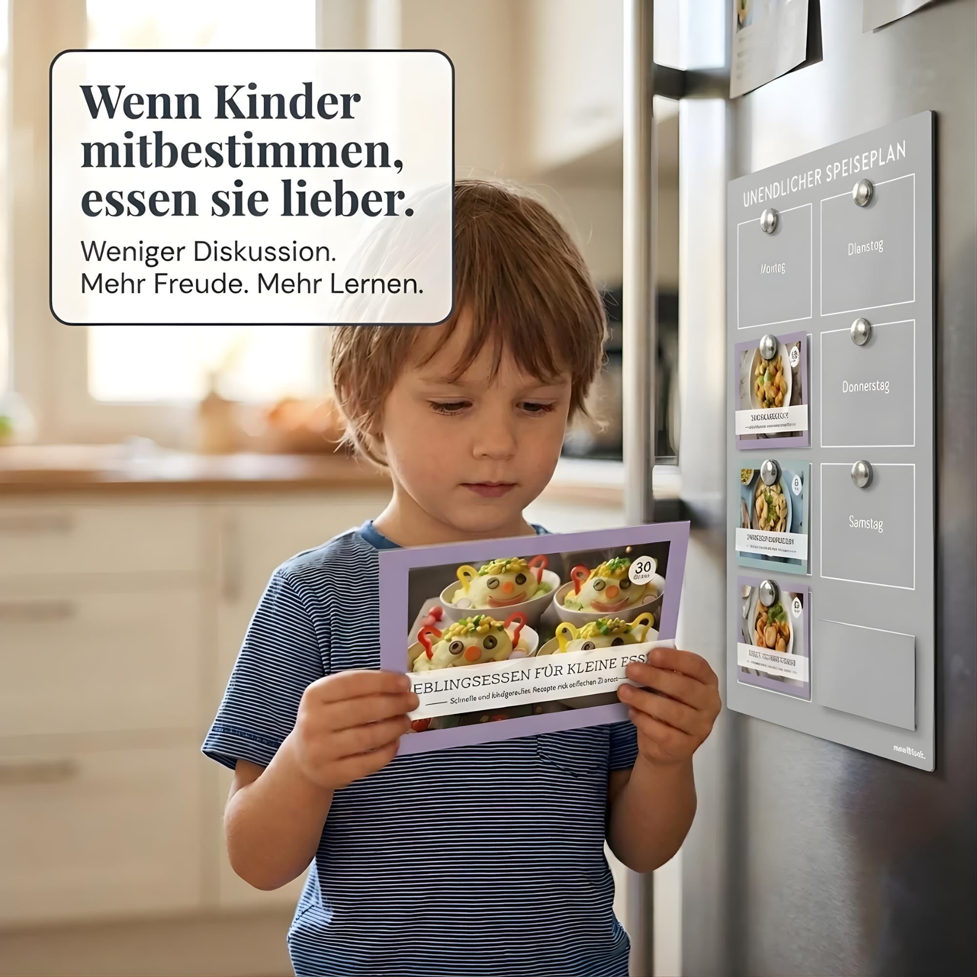 Unendlicher Speiseplan Profi Kit (Hellgrau) – Magnetischer Wochenplaner mit 8 Rezeptkarten-Sets (240 Rezepte) – Familien- & Kinder-Essensplaner mit Rückwand, Box & Schutzhülle – BPA-frei