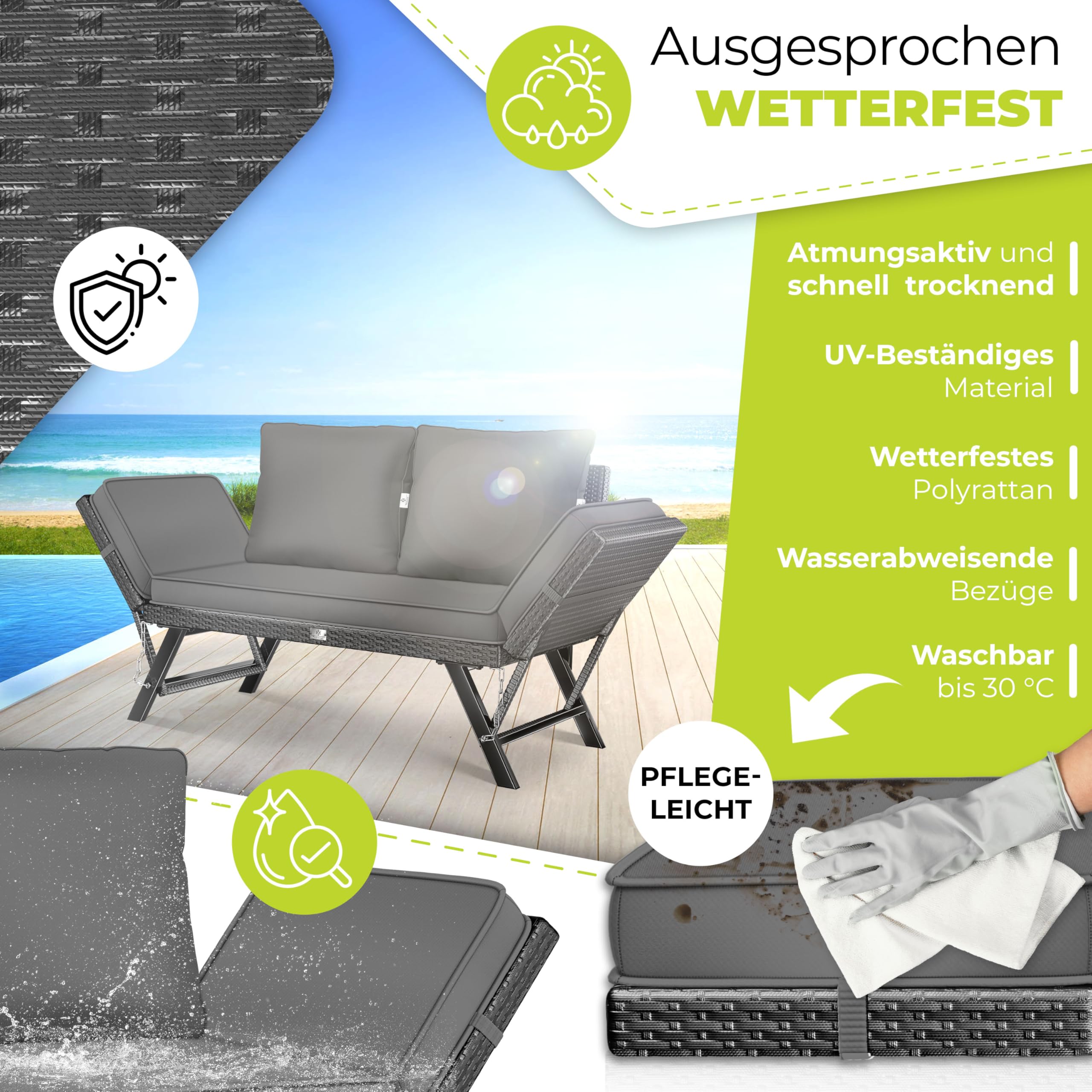 KESSER® Gartenbank Polyrattan Luna mit Liegefunktion Gartensofa 4 in 1 Verstellfunktion Gartencouch Wetterfest Balkonsofa Verstellbare Armlehnen, Extra Dicke & Weiche Polsterung Garten/Balkon/Terrasse