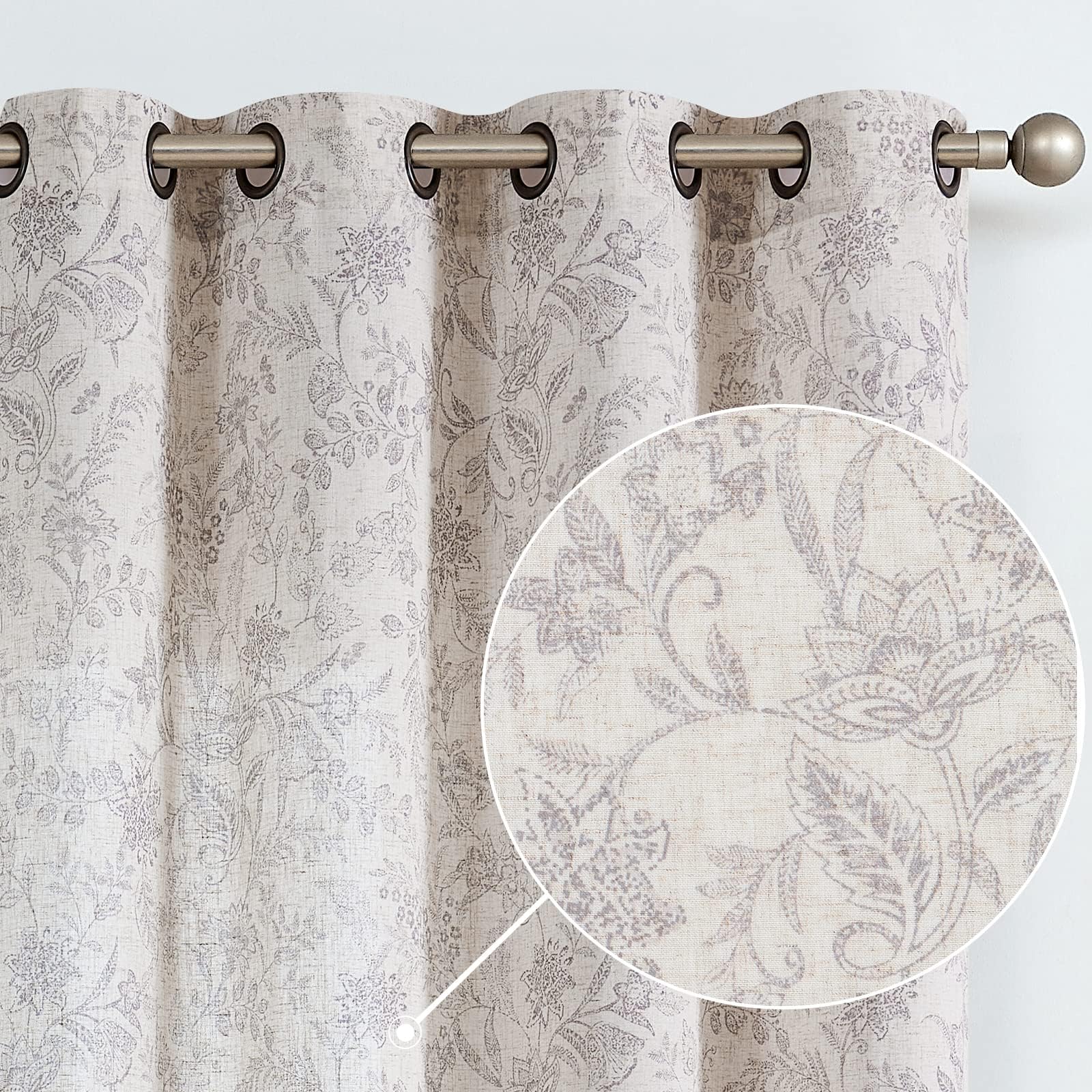 Lazzzy Linen Farmhouse Curtains for Living Room 96 Inch Length Floral Print Window Curtains Semi Sheer Drapes for Bedroom Country Light Filtering Curtain Grommet Top 2 Panels Purple Grey on Beige
