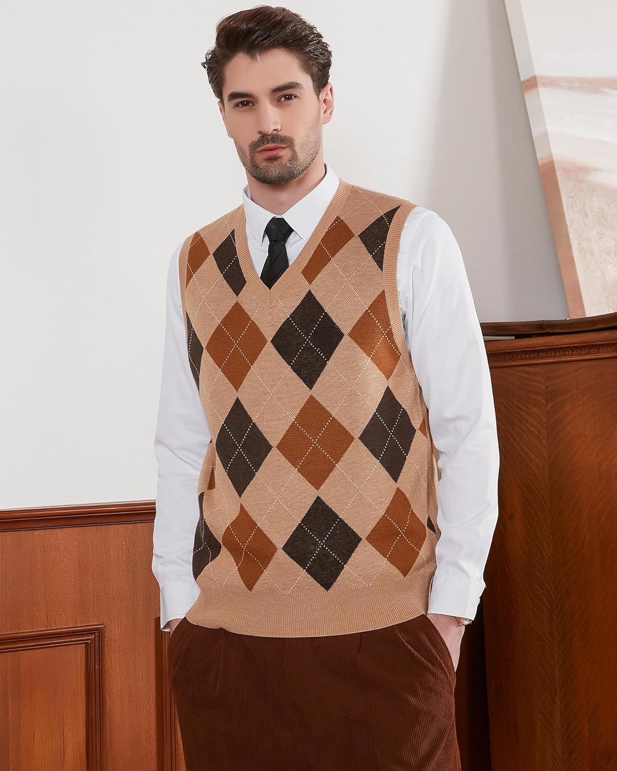 Kallspin Men's Argyle Vest Sweater Wool Blend V-Neck Sleeveless Pullover Sweater - Image 2