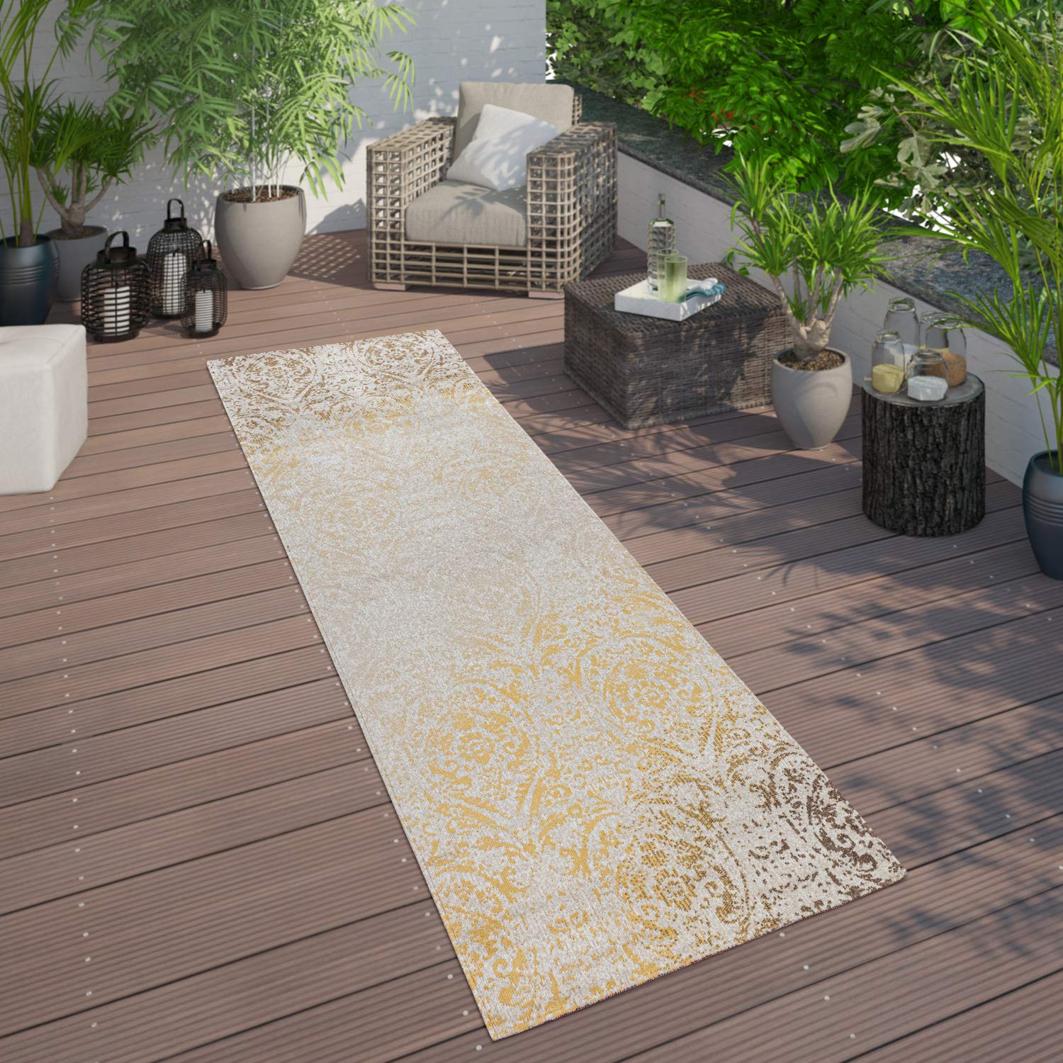 Paco Home In- & Outdoor Teppich Gelb, 80 x 150 cm, 100% Polypropylen, 6 mm Florhöhe, OEKO-TEX STANDARD 100, wetterfest