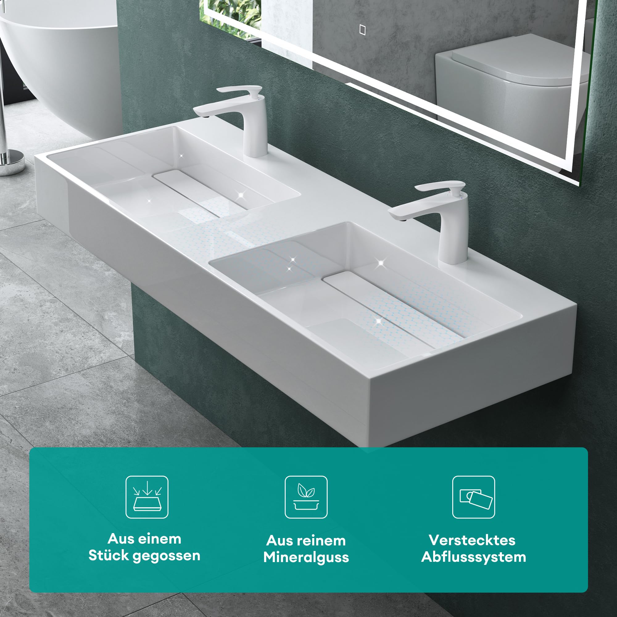 Mai & Mai Waschbecken Aufsatzwaschbecken Hängewaschbecken Col12 Doppelwaschbecken 120x48x13cm Waschtisch Waschplatz in weiß aus Mineralguss ohne Überlauf