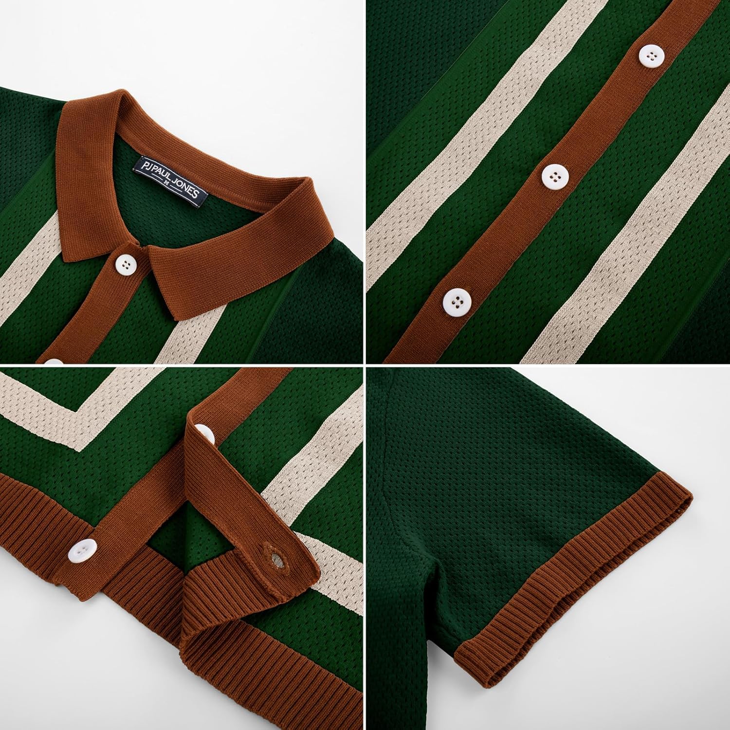 PJ PAUL JONES Mens Polo Shirts Vintage Striped Button Down Knitted Golf Shirts Small Dark Green-vintage image 4 of 9 B0DSJ2K4W9