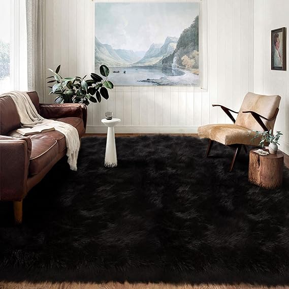 Latepis 9 x 12 Area Rug for Living Room Black Fur Rug Faux Sheepskin