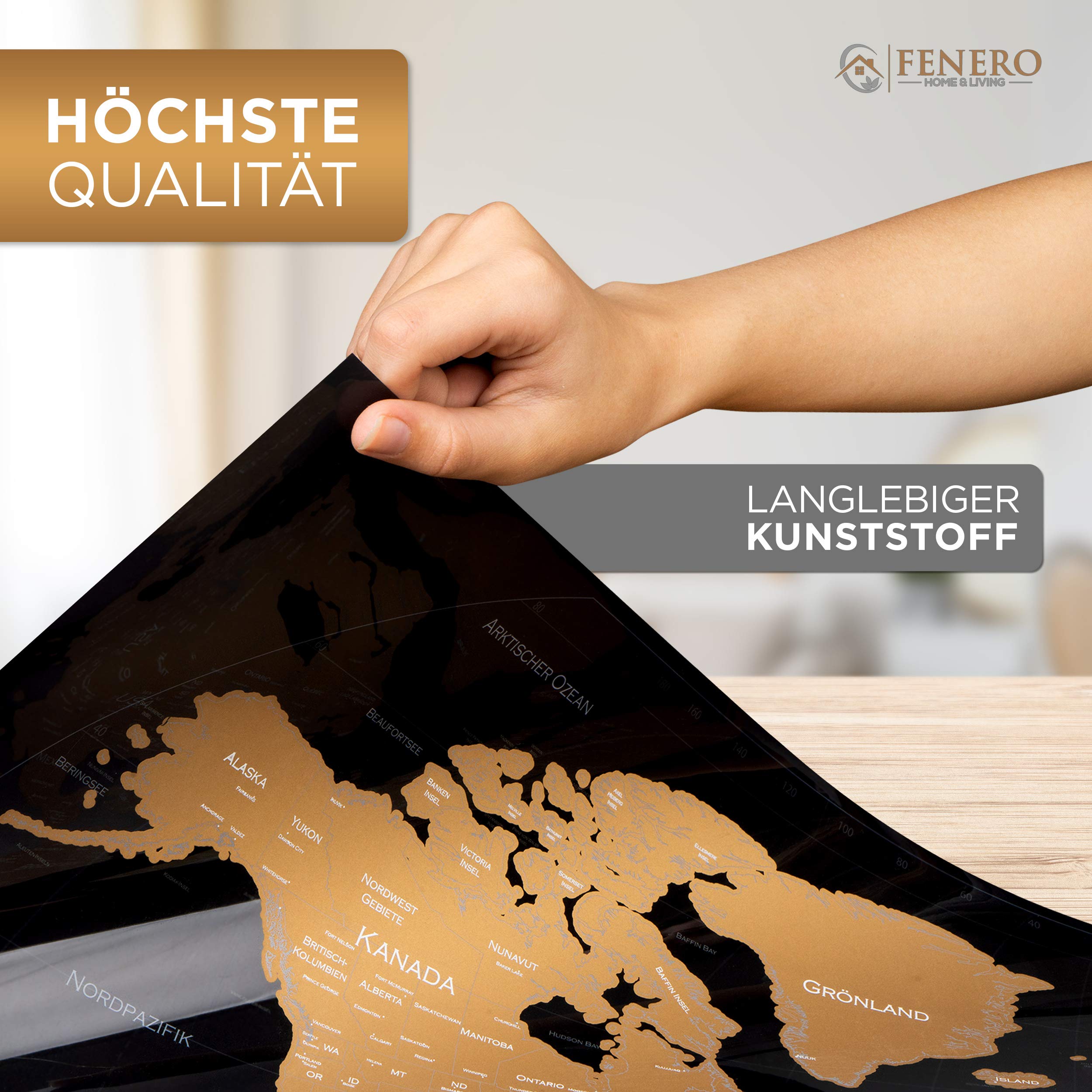 FENERO Weltkarte zum Rubbeln XXL [DIN A1] - aus exklusivem Kunststoff - Rubbel-Weltkarte Deutsch - Landkarte zum Rubbeln mit Marker, Plektrum & Täschchen - GOLD