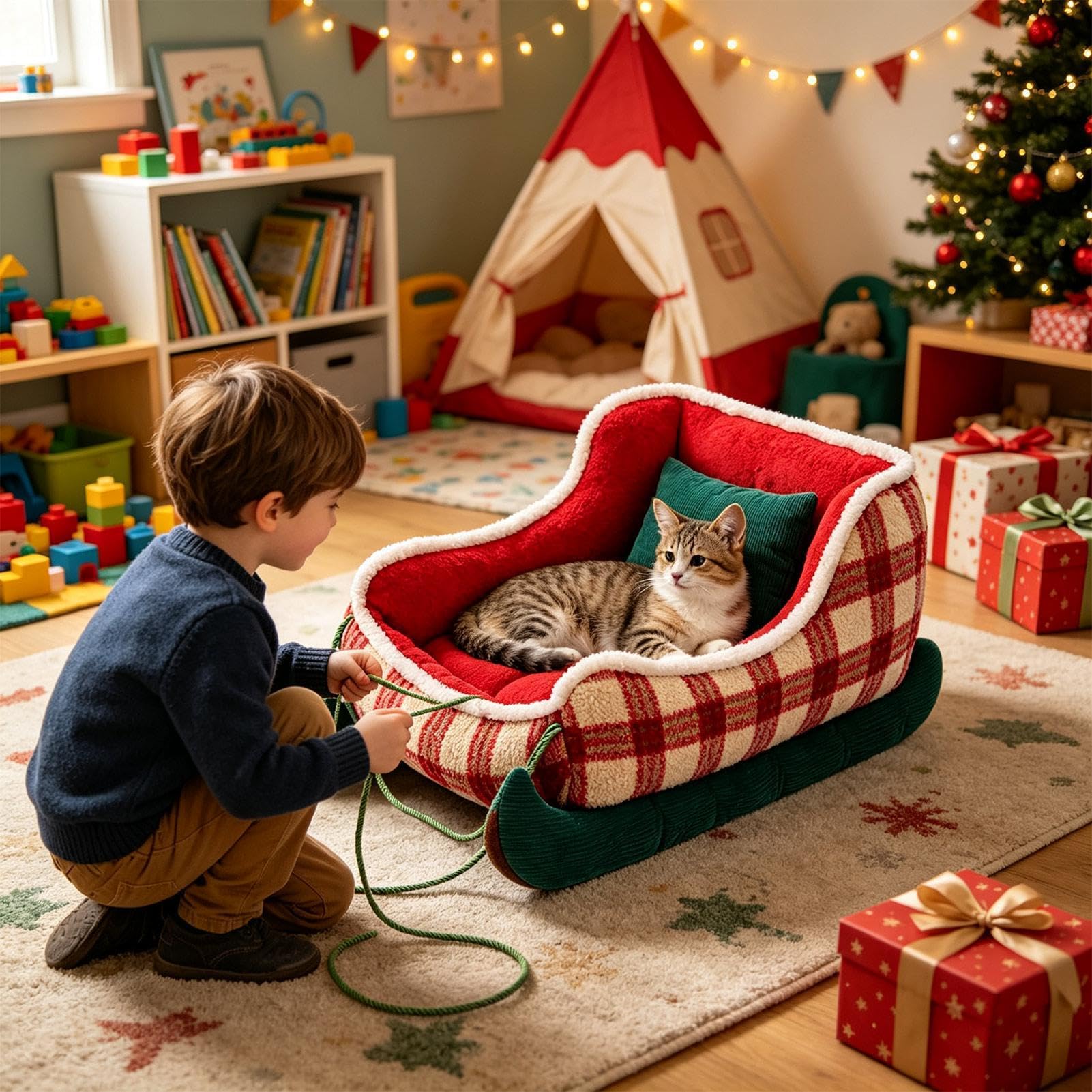 Cama navideña para perros y gatos, sofá de felpa para