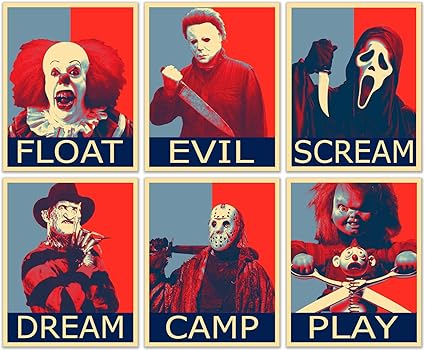 Horror Movie Villain Hope Posters - Set of 6 (8 inches x 10 inches) Pictures - Pennywise Jason Voorhees Michael Myers Freddy Krueger Ghostface Chucky