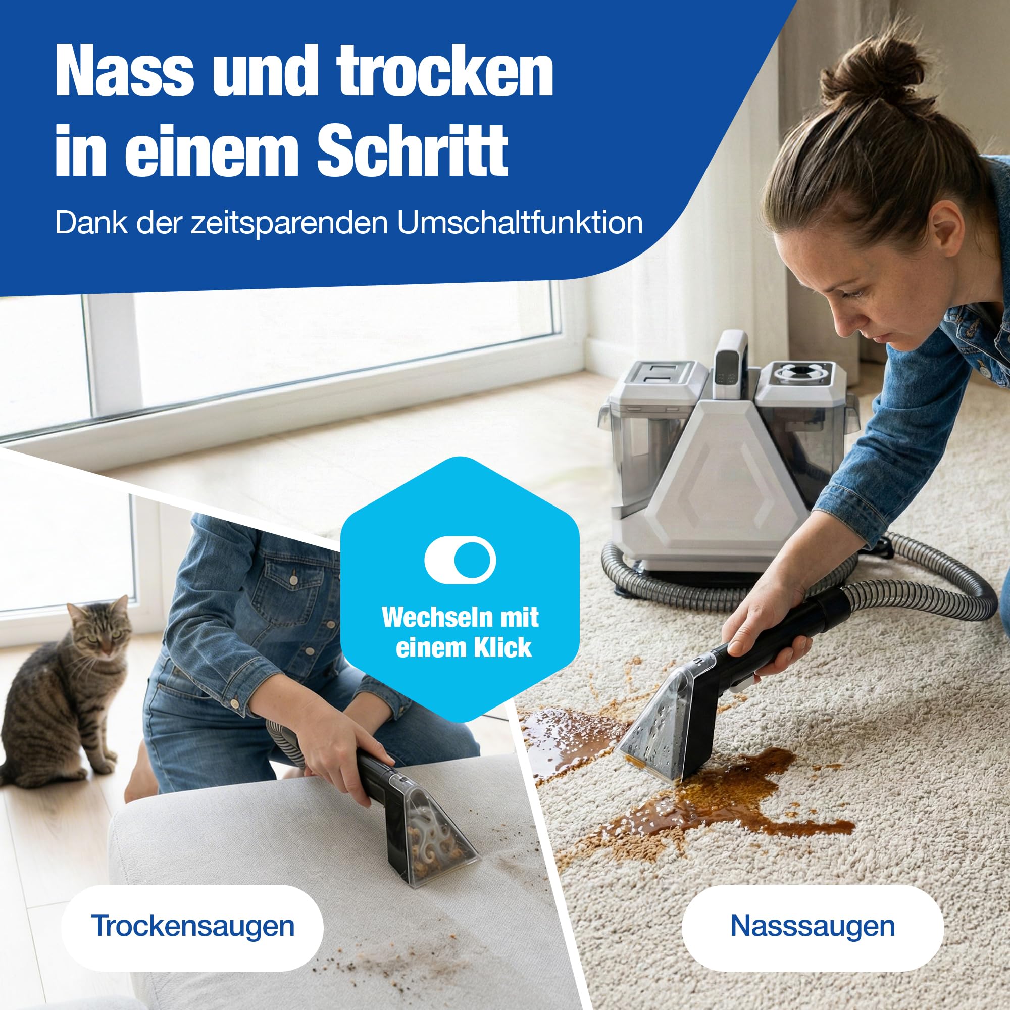 Polsterreiniger Gerät 550W | Kompakter Teppichreiniger & Waschsauger | Tragbarer Nasssauger | Auto Nass Trockensauger | für Teppich, Autositze, Sofas & Polster | Effektive Tiefenreinigung (bis 60 °C)
