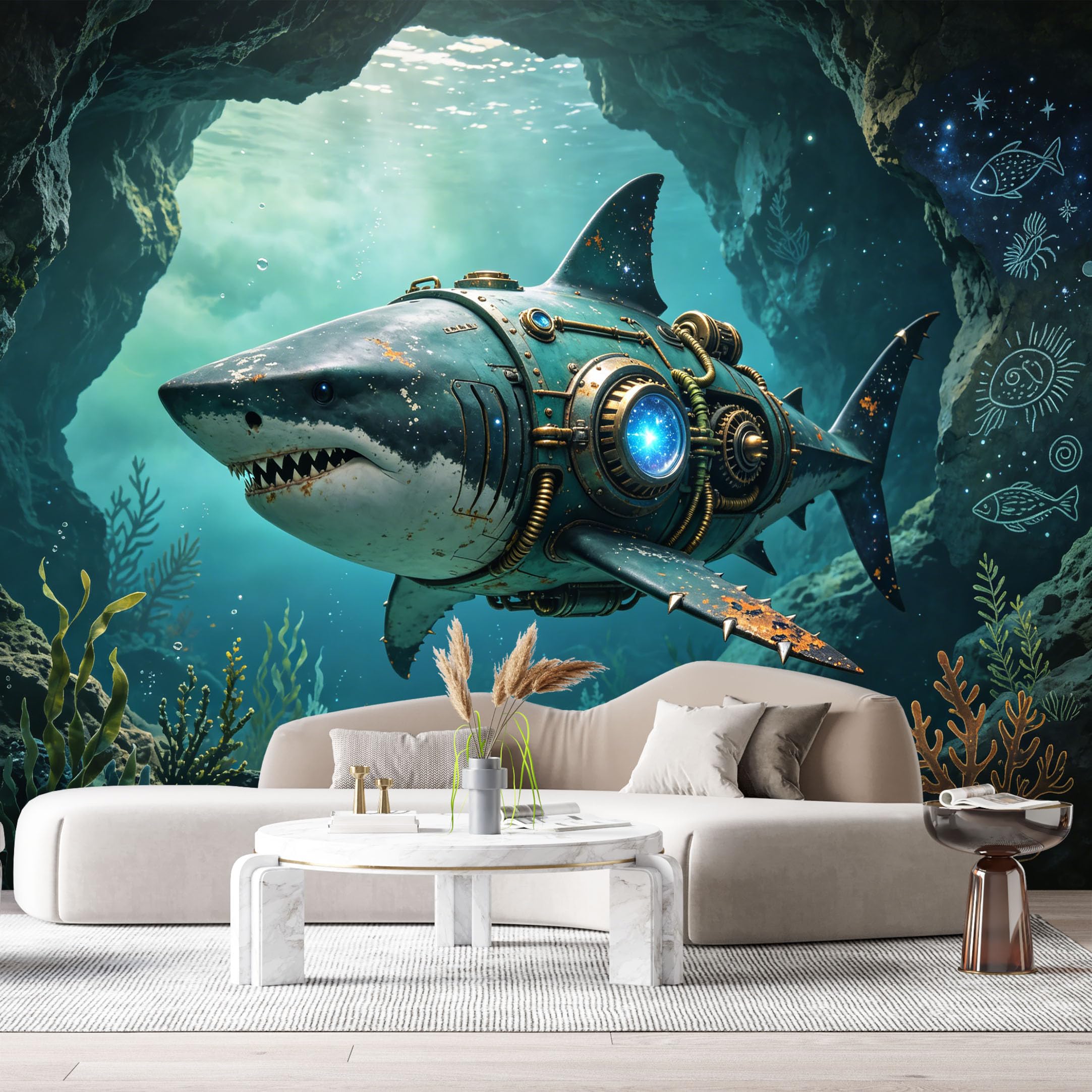 Custom Size Wall Mural Steampunk Mechanical Aquatic Predator Underwater SciFi Machine 3D Textured Metal Art SelfAdhesive Art Prints Removable Large Wallpaper Esports Game Room Studio