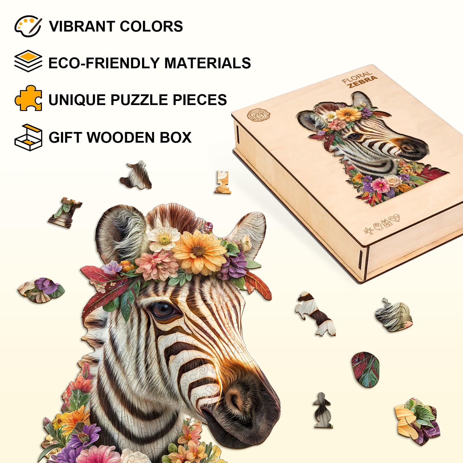 Jigfoxy Casse-tête en bois pour adultes, motif floral zèbre avec pièces uniques en forme d'animal - Jeu de casse-tête relaxant - Cadeau d'anniversaire pour la famille et les amis (L-34 x 22,6 cm - 190