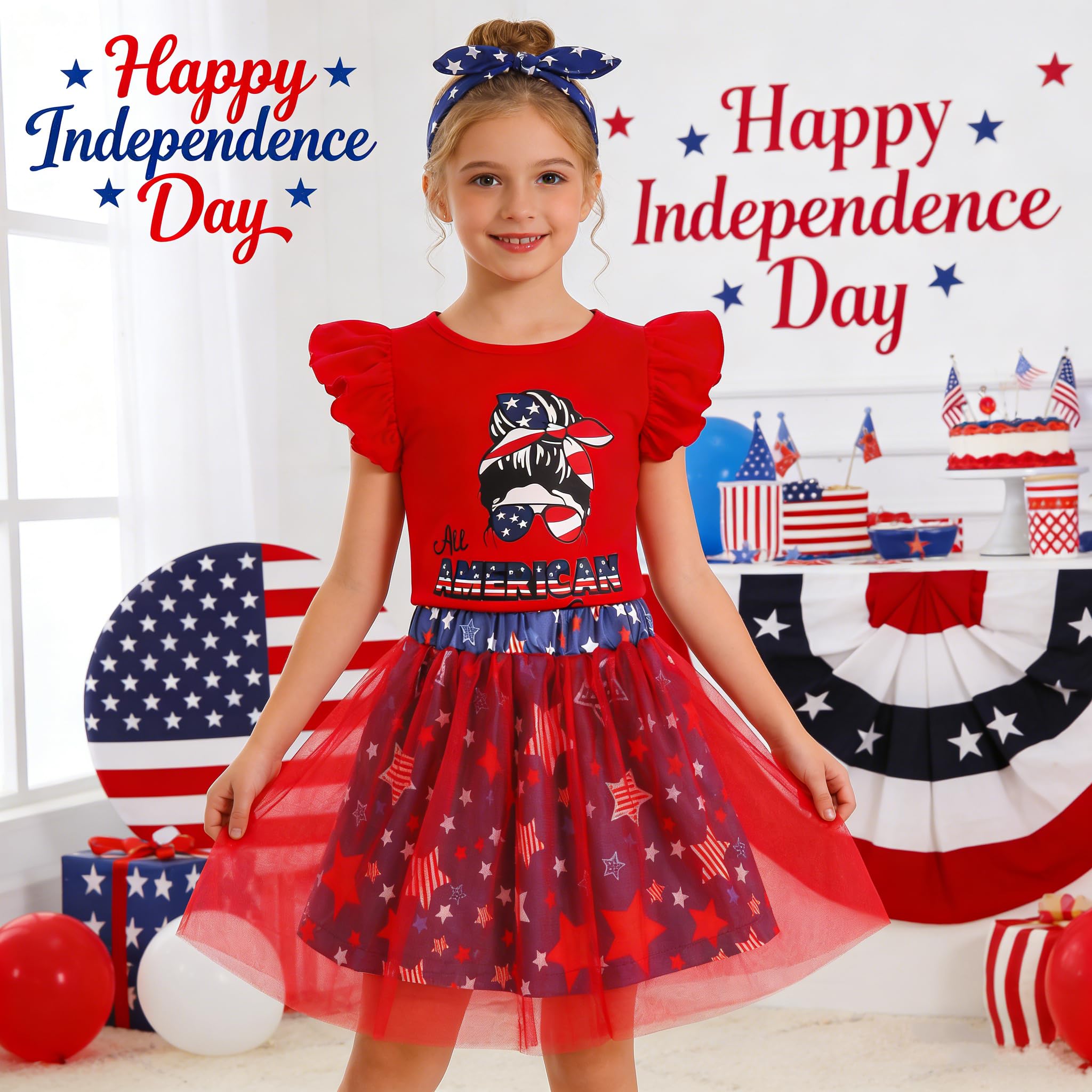 RETSUGO Conjunto de falda tutú de tul para niñas pequeñas del 4 de julio, vestido con estampado de corazón y bandera estadounidense, 2-8 años