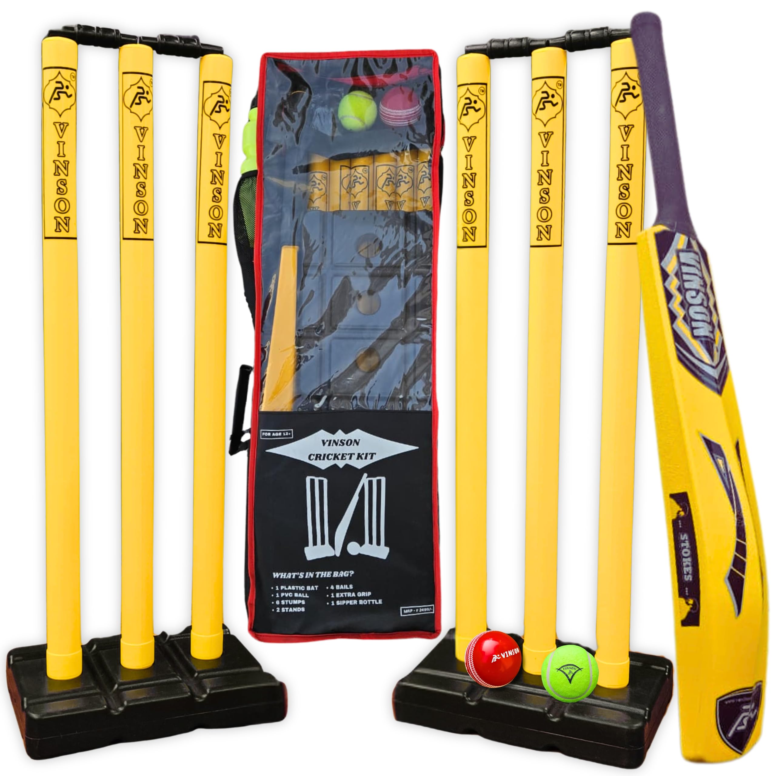 Vinson Stokes Edition Senior Cricket Kit, Full-Size Heavy Duty Plastic Bat(850 gm) & Stumps for Both Sides, PVC i10 Ball, 1 Bat Grip & a Sipper Bottle, a for Youth and Adults.