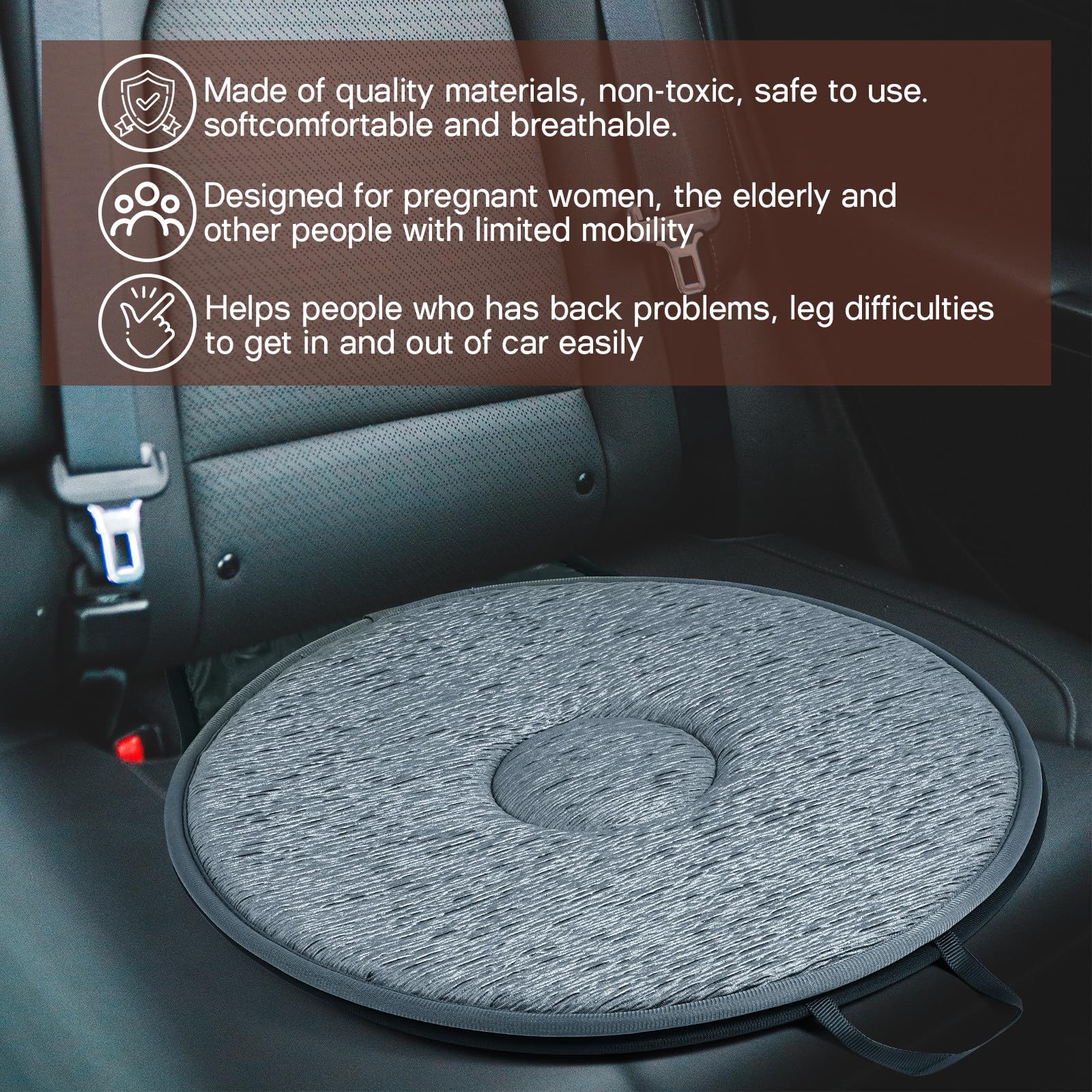 SHINEOFI Coussin de siège de voiture pivotant à 360 degrés portable ultra fin pour soulager le dos, adapté aux personnes âgées et aux espaces restreints