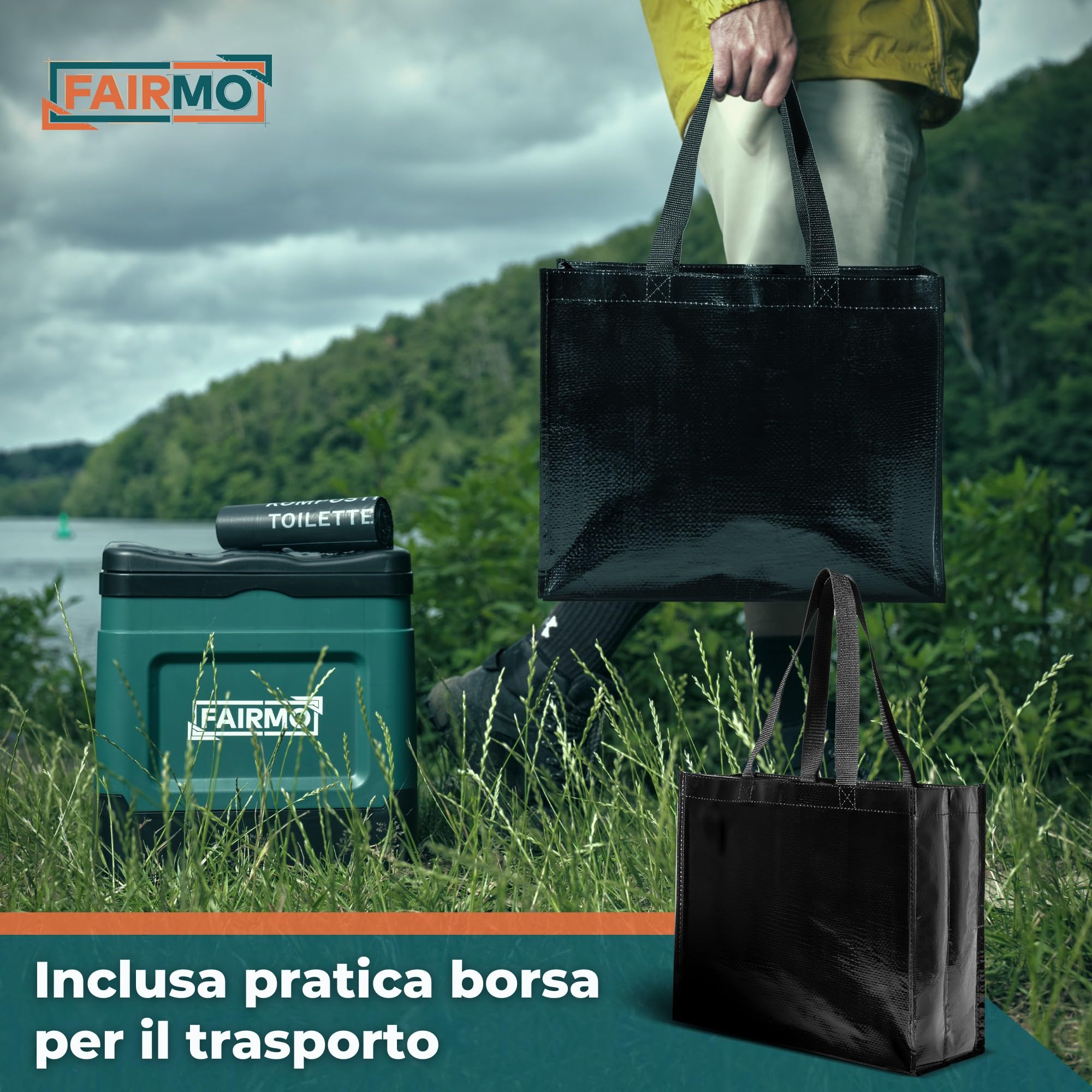 FAIRMO La toilette da campeggio compatta pieghevole (con custodia e 24 sacchetti) – WC asciutto campeggio senza prodotti chimici – Lettiera da campeggio con coperchio – in viaggio, festival, emergenza