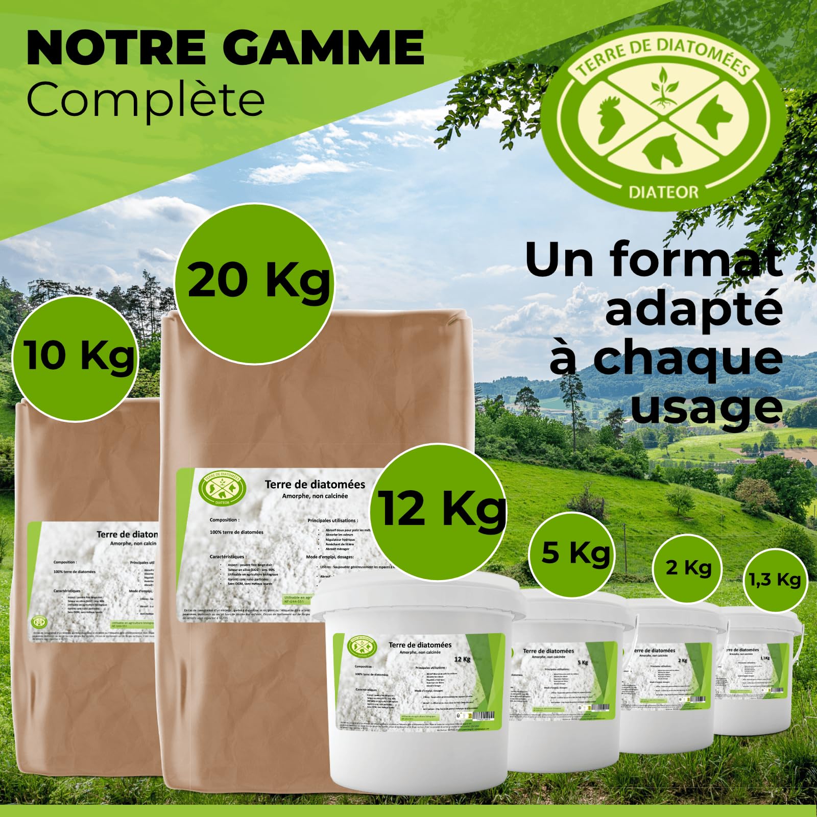 TERRE DE DIATOMEES DIATEOR - Seau de 5Kg de Terre de Diatomée Grade Alimentaire - 100% Naturelle, Non Calcinée - Poudre Blanche Extra Fine - Fabriquée en France