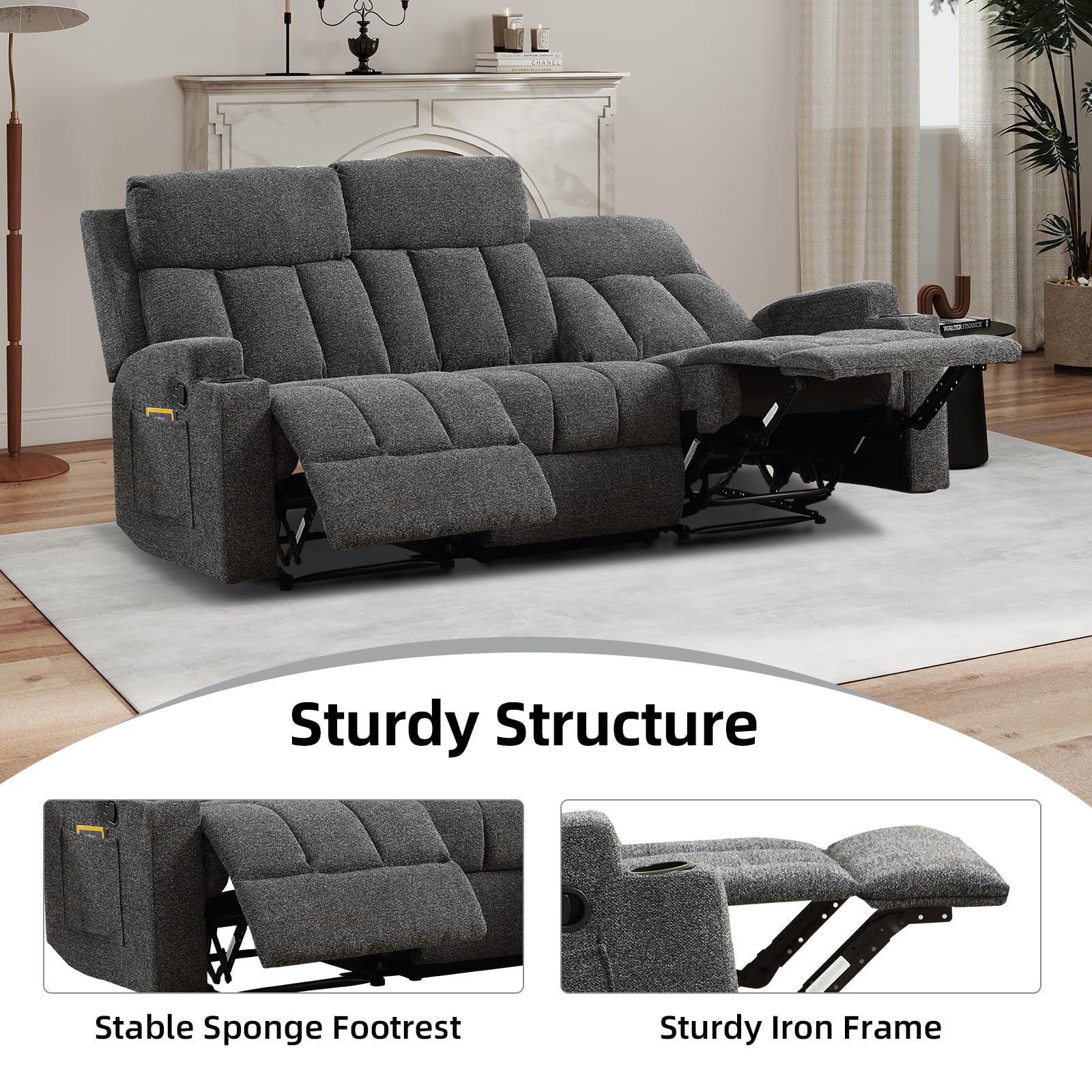 CANMOV Manual Recliner Sofa Set, Fabric Recliner Living Room Furniture Sets, 1 Seat Reclining Chair, a Loveseat, a 3 Seat Sofa Furniture Set with Side Pockets and Cup Holders, Dark Grey view 5