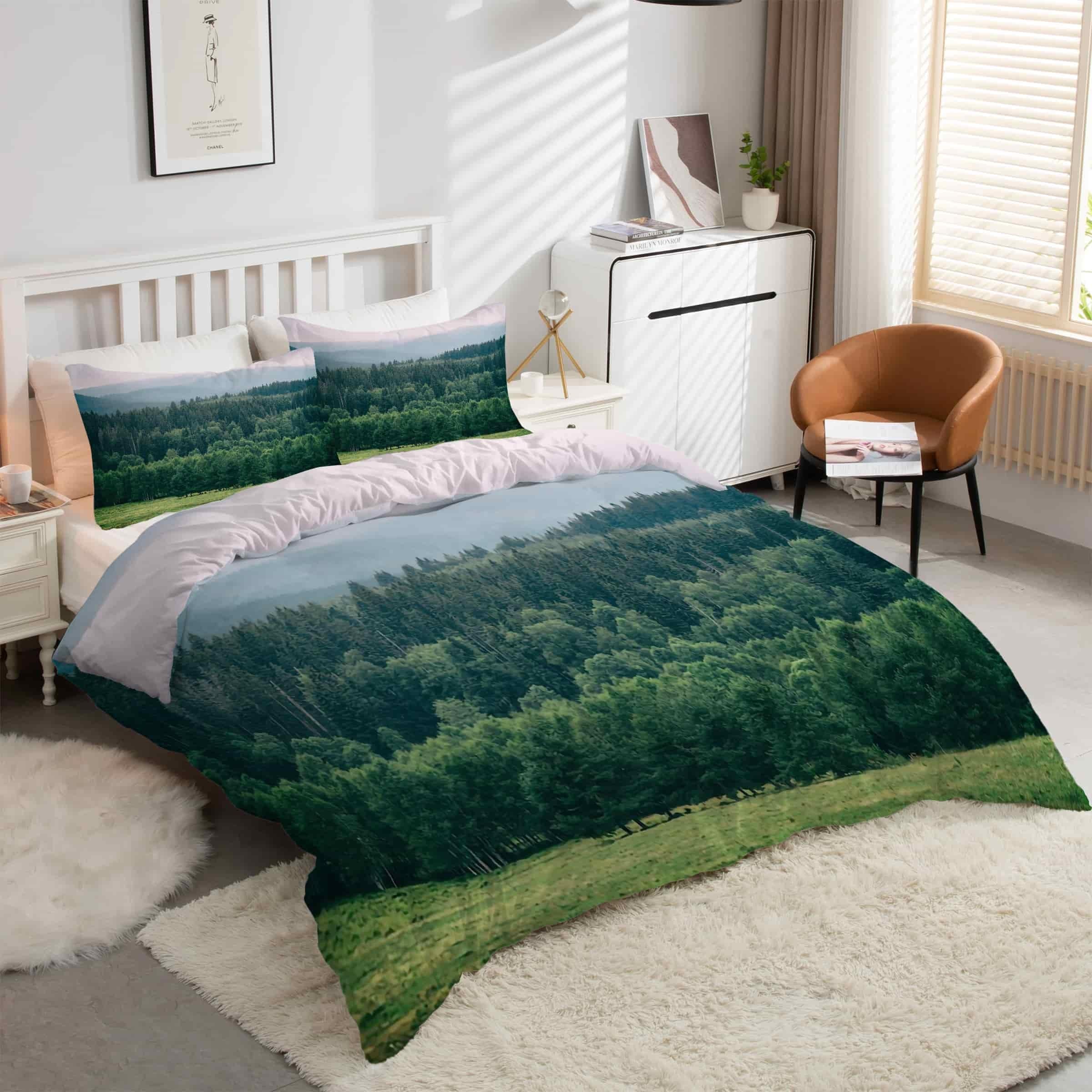 Housse de couette forêt montagneuse verte pour une ambiance chalet alpin