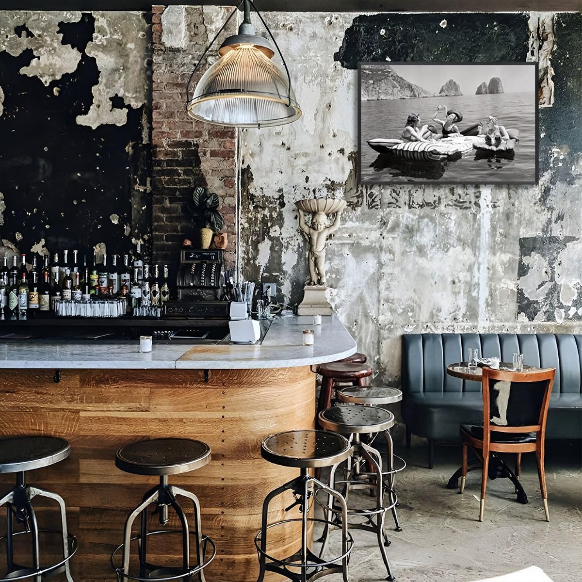 Dcvjiy Eating Spaghetti On The Water Vintage Poster Trendy Italian Capri Island Canvas Wall Art Funky Champagne Bar Cart Prints Painting For Living Room And Bedroom Party Wall Decor 16x24in Framed